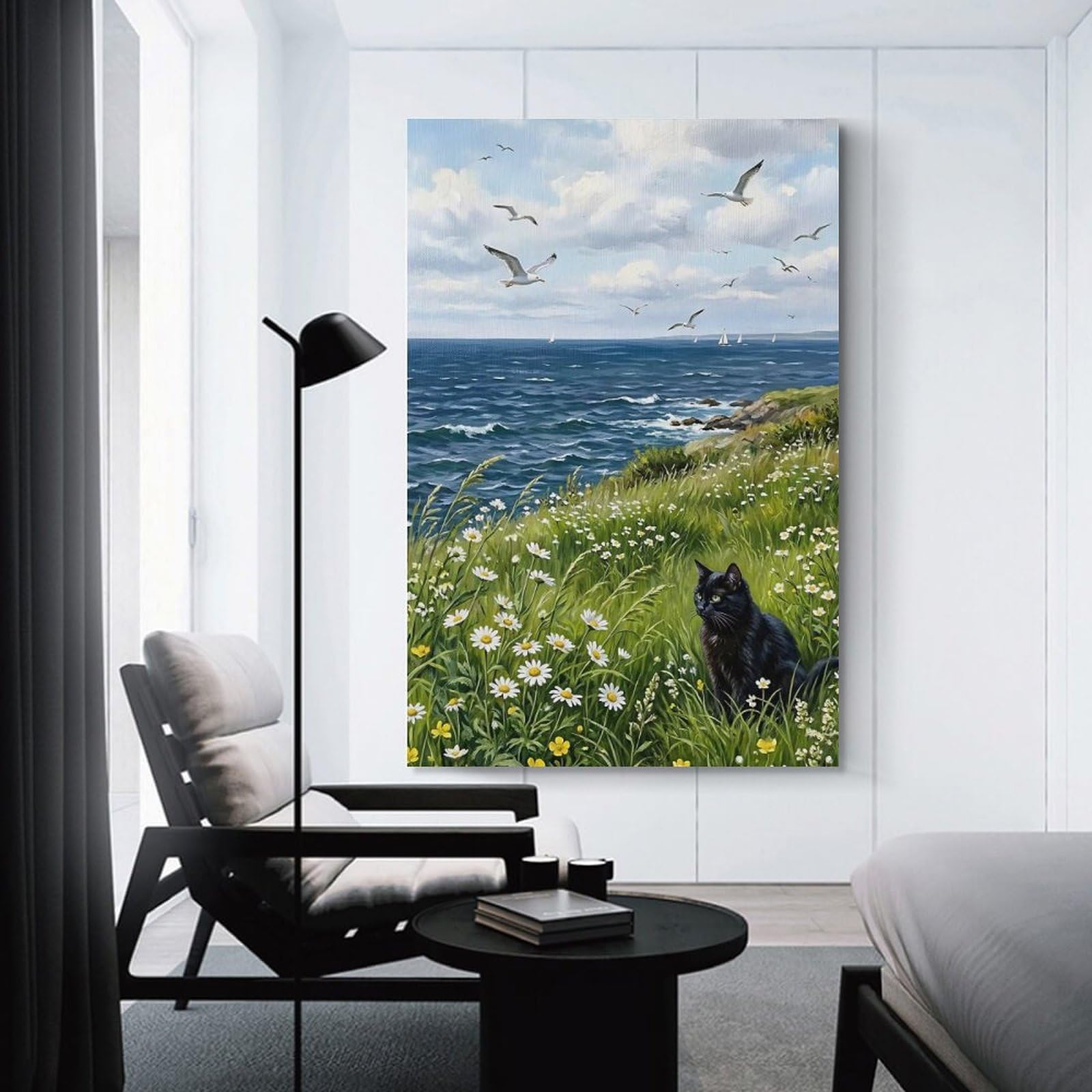 Junmoney Black Cat in A Field of Daisies by The Sea Hanging Wall Art, 20x30inch(50x75cm), for New Homes, Bedrooms Or Workspaces, Thoughtful Wall Decor for Art Lovers