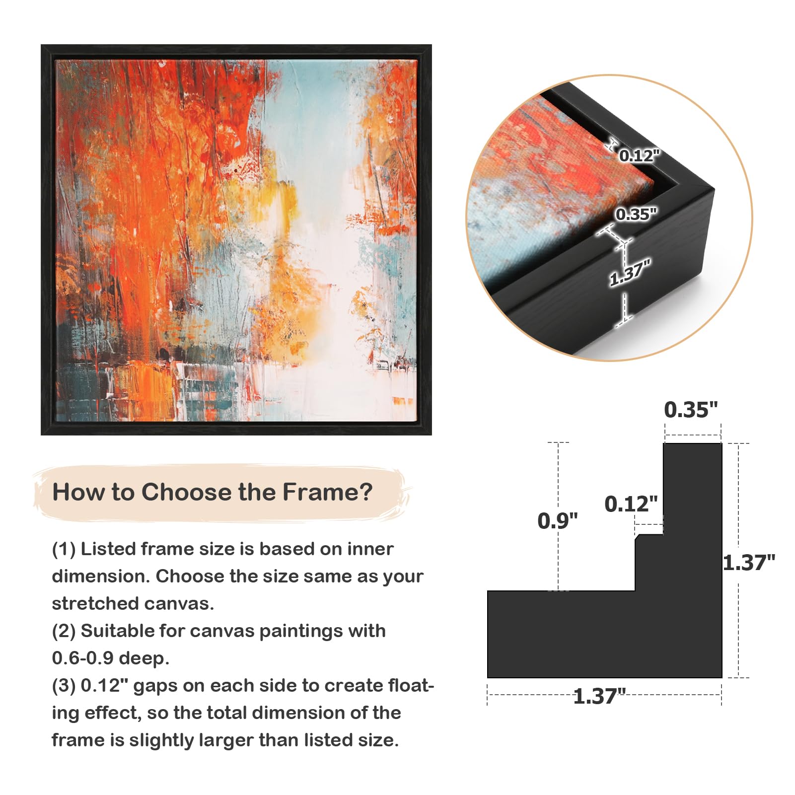 FOLKOR Canvas Floater Frame for 8x8 Prints or Oil Paintings, 2 Pack 0.9 Inch Depth Floating Frame for Stretched Canvas Art, Home Office Gallery Wall Decor, Horizontal or Vertical Display (Black)