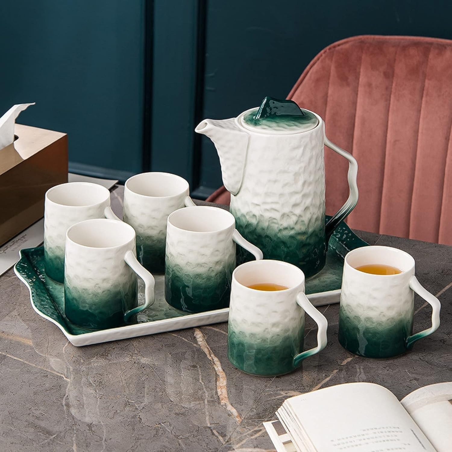 Zestaw filiżanek do espresso, kubki do kawy, herbata porcelanowa dla dorosłych 1 czajniczek 6 Nordic Service dla osób do użytku domowego i biurowego Prezent(Green)