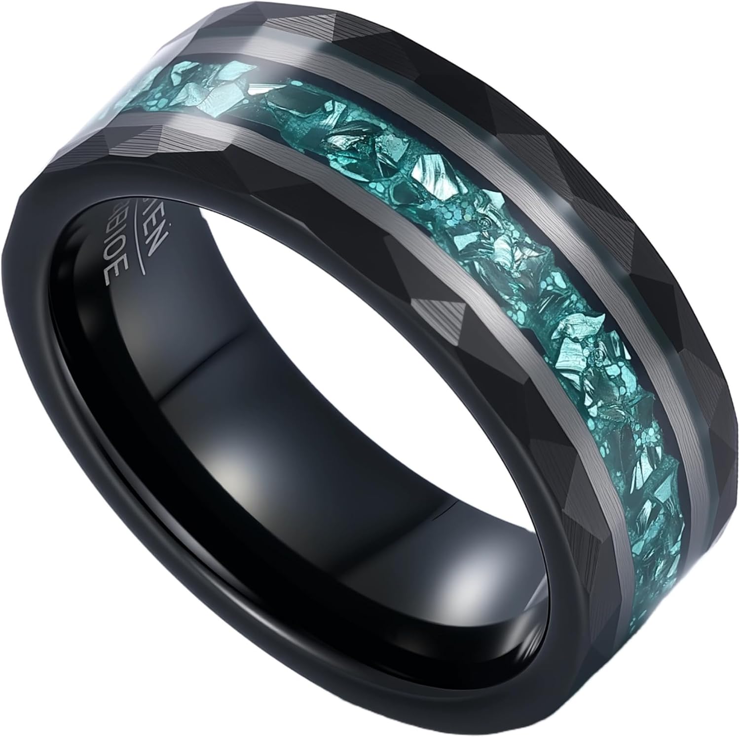 8mm Mens Black Gold Plated Tungsten Wedding Bands Rings Hammered Synthetic Aquamarine Anniversary Rings for men March Birthstone Promise Rings for Him Size 7-14