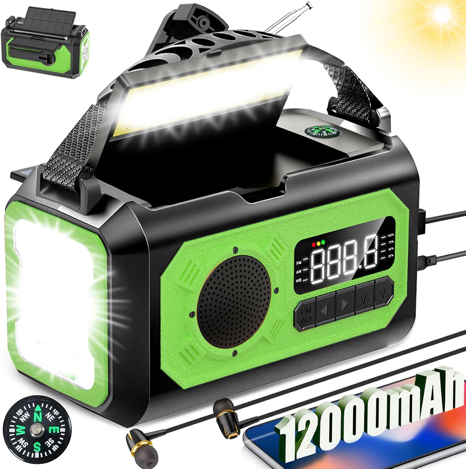 44400mWh/12000mAh Emergency Radio, Hand Crank Portable Solar Radio AM/FM/NOAA Weather Radio with 2 Solar Panels,3 Charging Methods,SOS Alarm,Flashlight,Phone Charger,Compass,Reading Lamp(Grass Green)