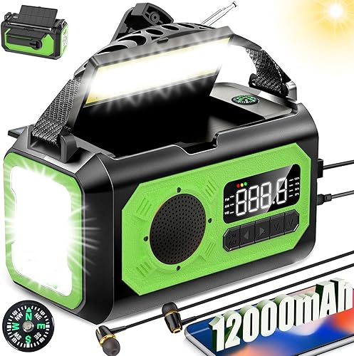 Radio de emergencia de 44400 mWh/12000 mAh, radio solar portátil con manivela AM/FM/NOAA Radio meteorológica con 2 paneles solares, 3 métodos