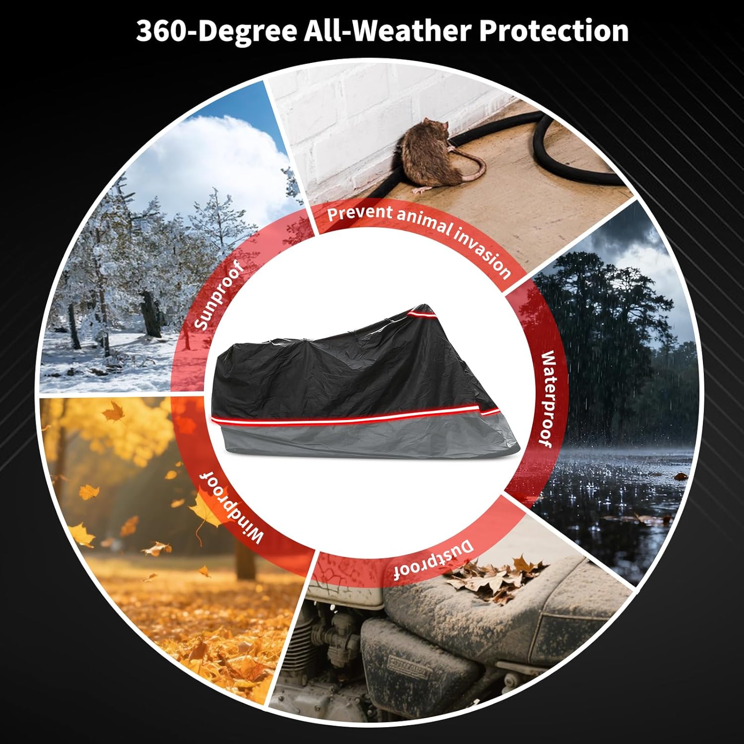 Full Enclosed Motorcycle Cover,Waterproof for Outdoor & Indoor Storage, 600D Heavy Duty with Reflective Strips, Fits Scooters & Touring Motorcycles up to Length 108" x 45" x 59" Black&Gray