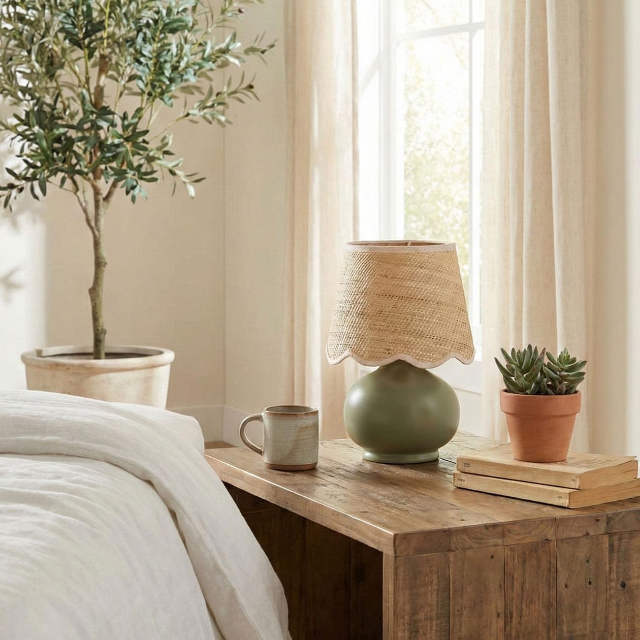 Benton Ceramic Table Lamp with Fabric Shade – 13" Bedside Accent Lamp for Bedroom, Living Room & Nightstand (Green)