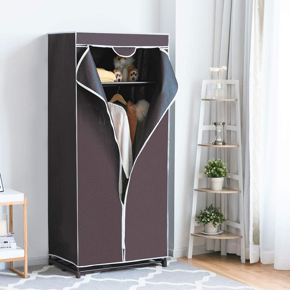 FANTASK Penderie en Tissu avec Tringle à vêtements et étagère - Armoire Pliante en Tissu - pour Salon, Chambre à Coucher, Cave - 74 x 50 x 172 cm - Marron