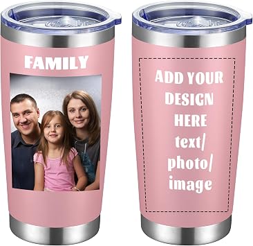 MEWAY Personalized Custom 20oz Stainless Steel Tumbler with Lid, Insulated Double Wall Vacuum Travel Coffee Tumbler Gifts with Text Photo Logo Pink, 1pack