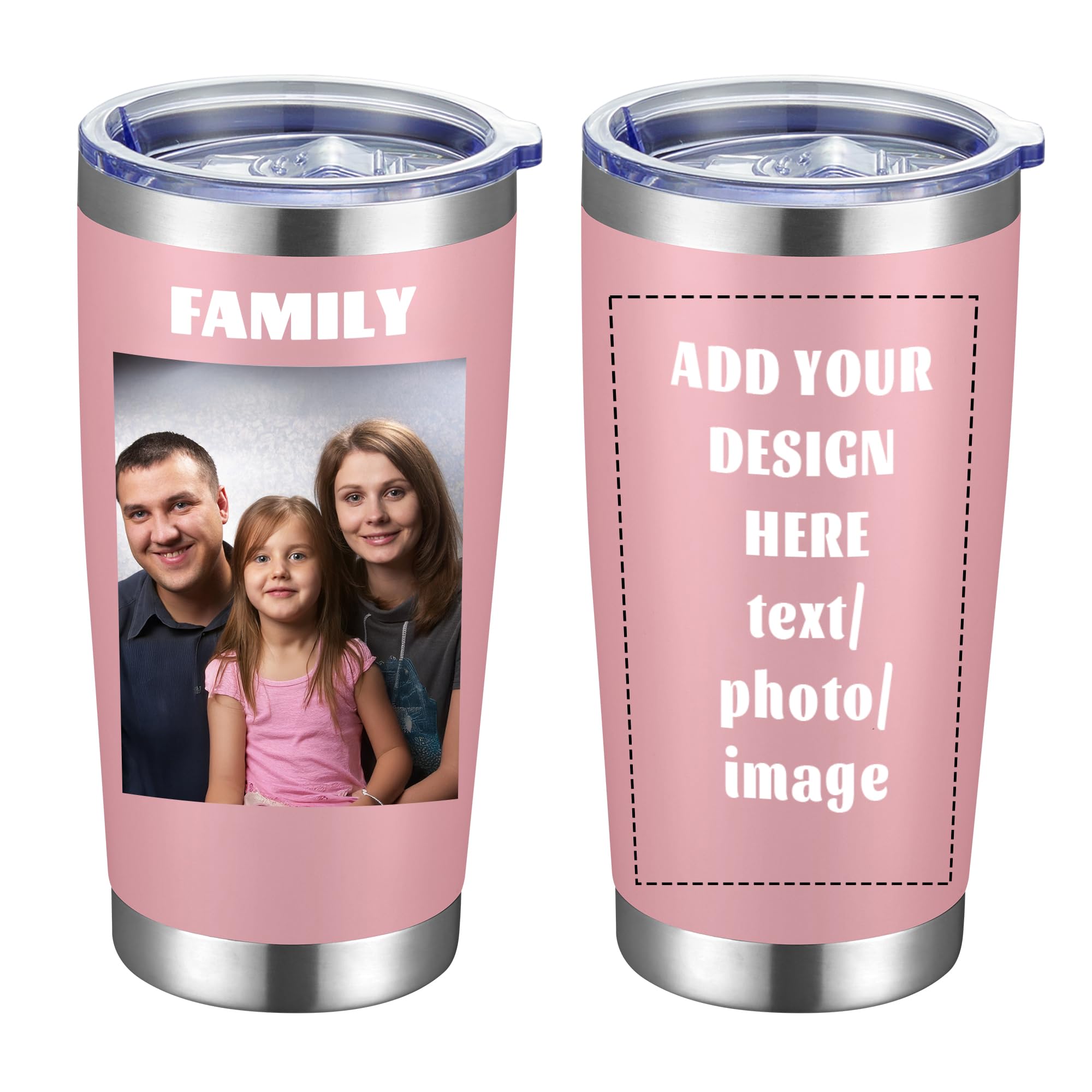 MEWAY Personalized Custom 20oz Stainless Steel Tumbler with Lid, Insulated Double Wall Vacuum Travel Coffee Tumbler Gifts with Text Photo Logo (Pink,