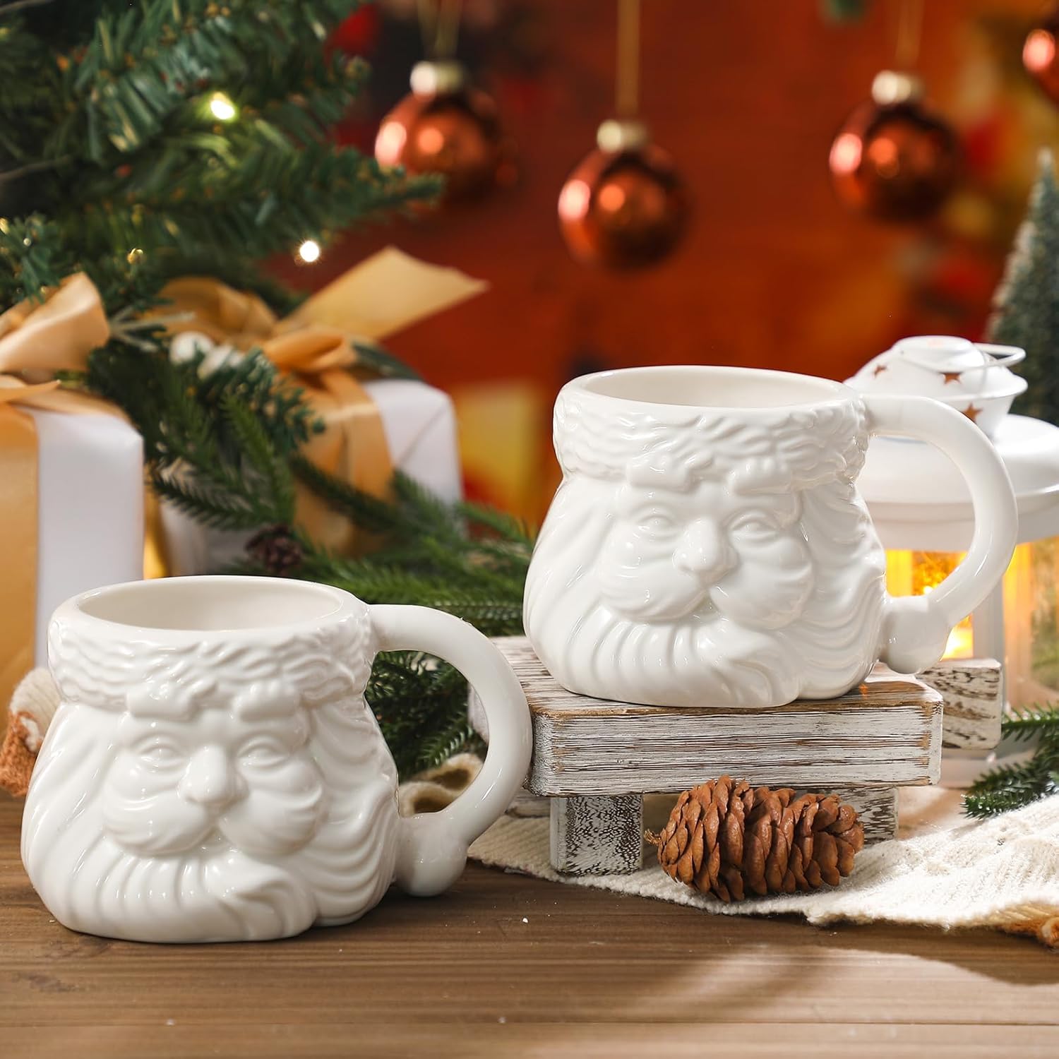 2 Pcs Santa Claus Mugs 16 oz Ceramic Christmas Coffee Cups 3D White Holiday Gift Mug Santa Face Cups for Cocoa Milk Tea Latte Christmas Drinkware for Couples Vintage Festive Holiday Decor - Image 4
