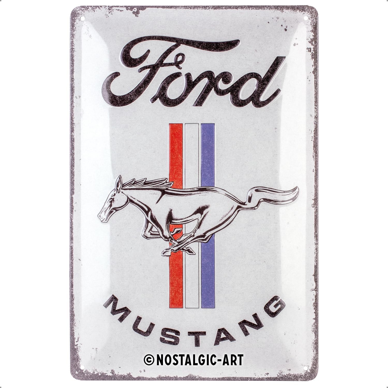 Retro tin sign, 7.9" x 11.8", Ford Mustang – Horse & Stripes Logo – Gift idea for Ford fans, Official License Product (OLP), made of metal, vintage design