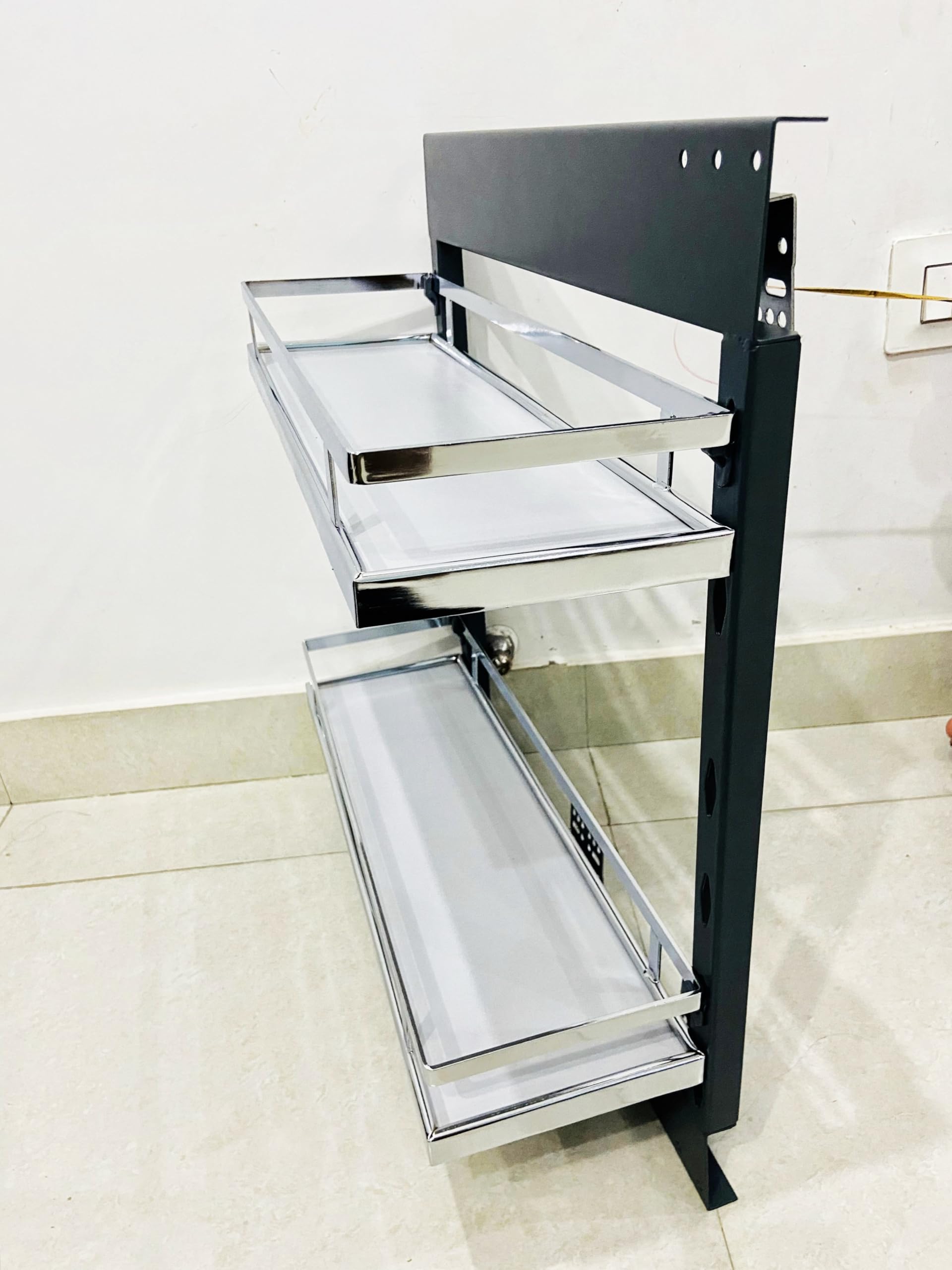 Rely-on || Kitchen Cabinet Width 8 Inches Bottle Pull Out Unit BPO with Soft Close || White Chrome Finished (300 mm)-image-3