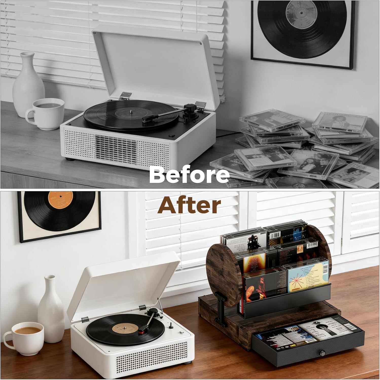 3-Tier CD Holder with Drawer, Cascading CD Storage Rack Holds up to 36 CDs, Retro Cassette Tape Media Display Storage and Organizer for office & living room