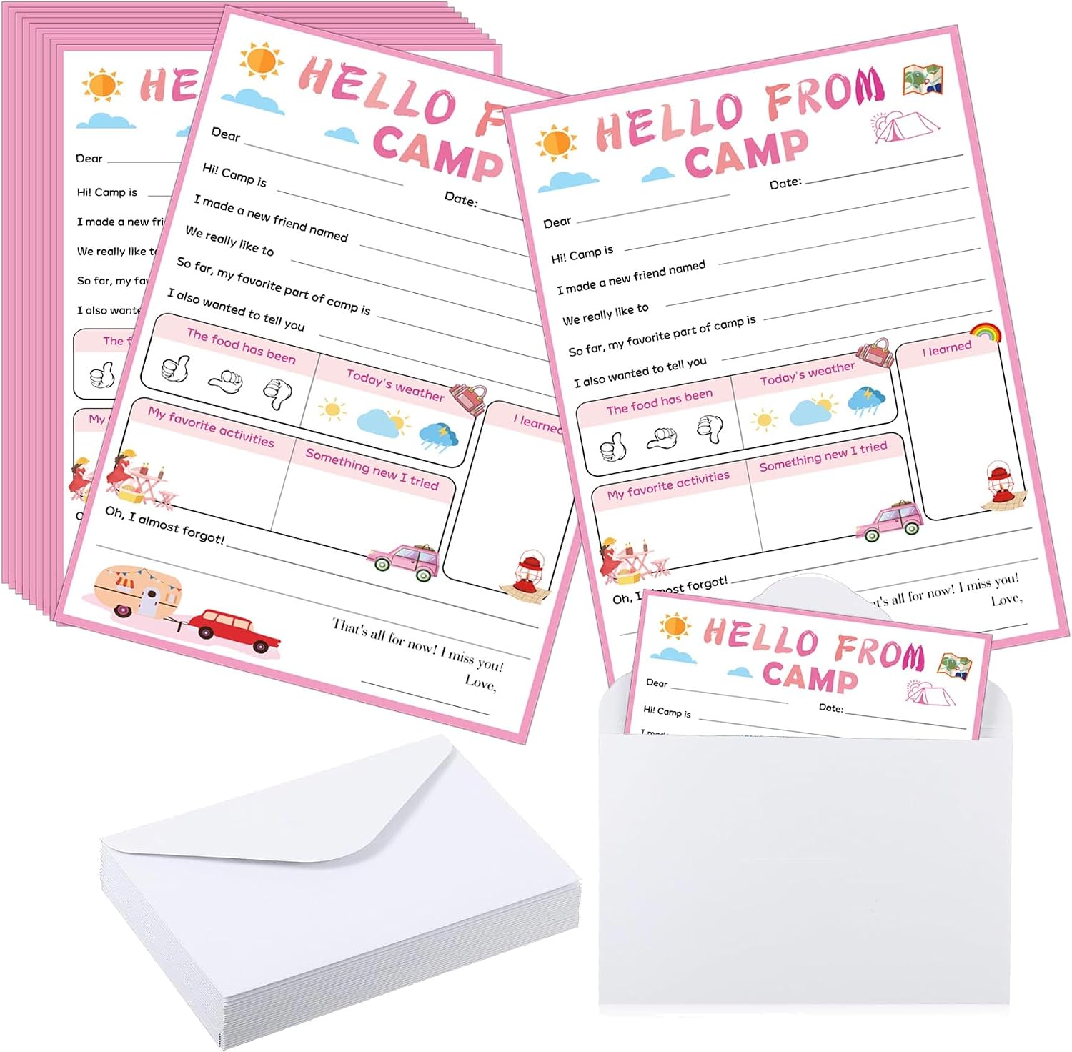 15 Pack 5x8 Inch Pink Camp Stationery Flat Cards Set With Envelopes
