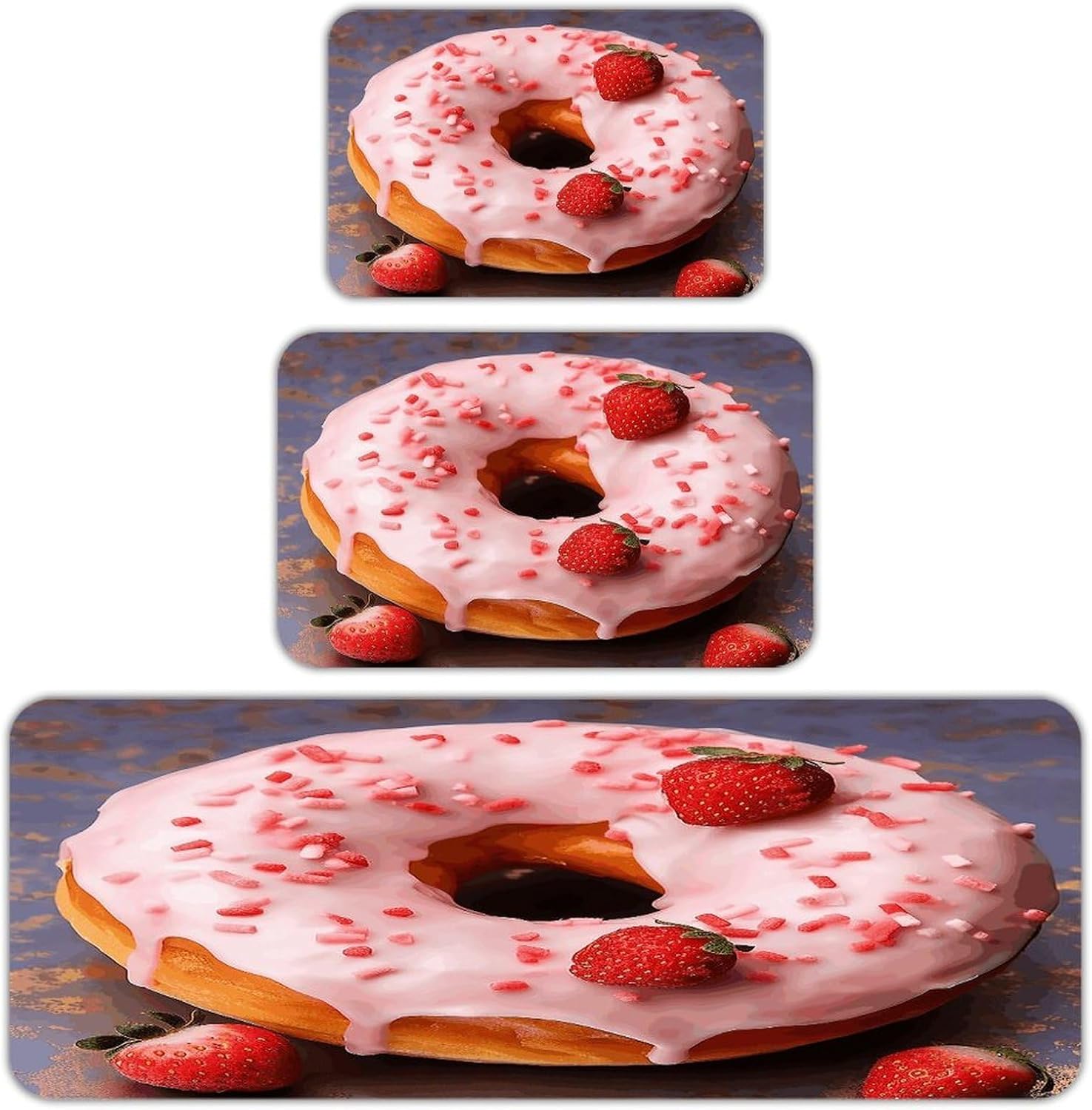 Strawberry Donut Kitchen Rugs Sets of 3 Washable Non Slip Kitchen Rug Water Resistant Carpet Piece Anti Fatigue Kitchen Mats Soft Comfort Standing Mat Modern Area Rug