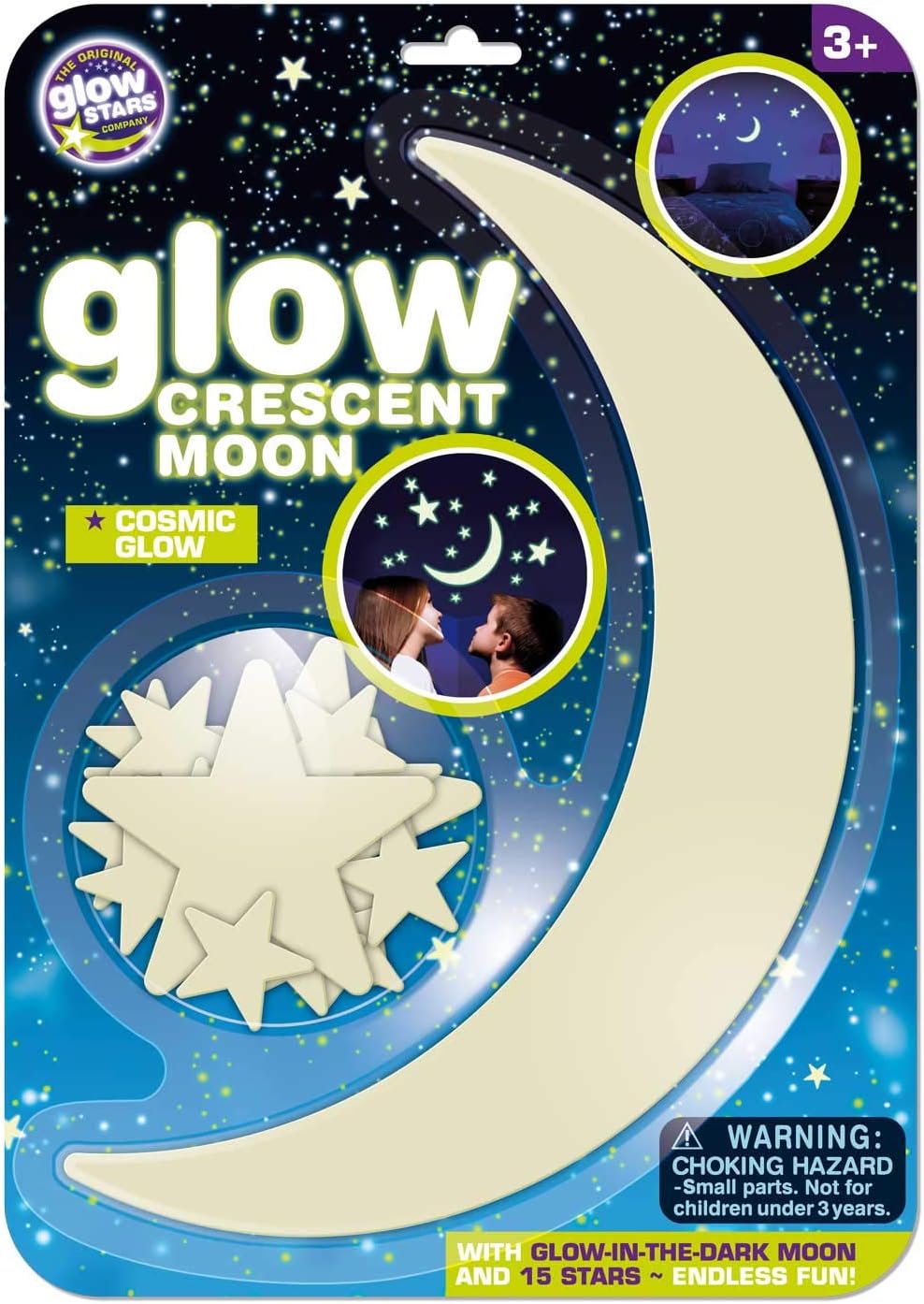 Glow in the Dark Large Crescent Moon & 15 Stars – Plastic Self-Adhesive Space Themed Room Decor for Kids, Create a Magical Night Sky on Ceiling & Walls