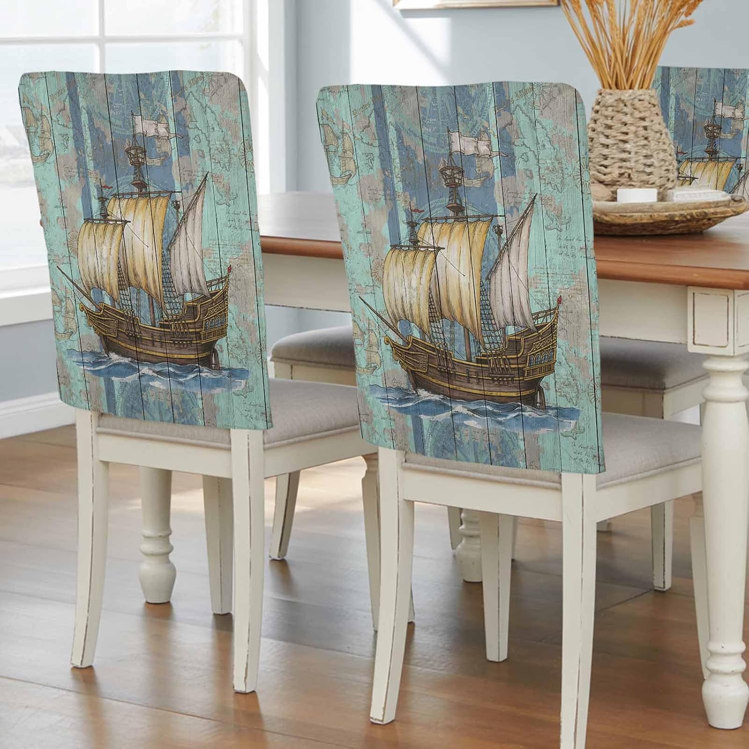 Chair Back Covers for Dining Chairs, Vintage Sailboat Back Chair Covers Set of 6, Removable Blue Ocean Seaports Anchors Farmhouse Wood Kitchen Chairs Slipcover Protector for Holiday Party Decor