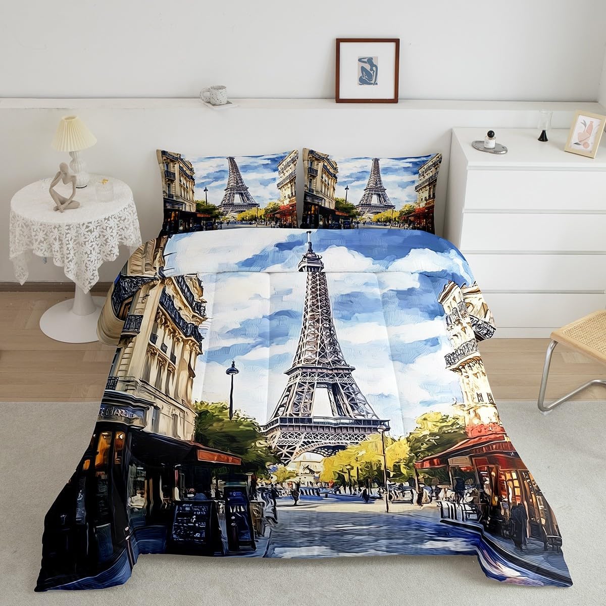 Erosebridal Paris Eiffel Tower Print Bedding Set Travel Theme Comforter Set King City Street Down Comforter for Kids Teens Adults Men,World Famous City Building Landscape Duvet Set