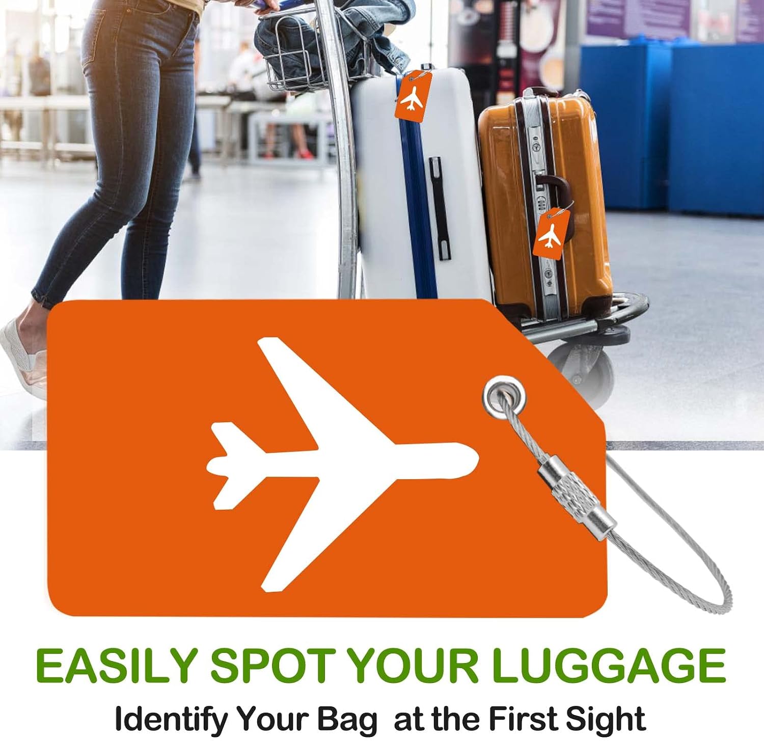 Luggage Tag Set, 2 Pack Flexible & Bright Silicone Suitcases Tags for Travel Luggage Identifier with Name ID Cards & Stainless Steel Loops for Secure Fastening (Orange)