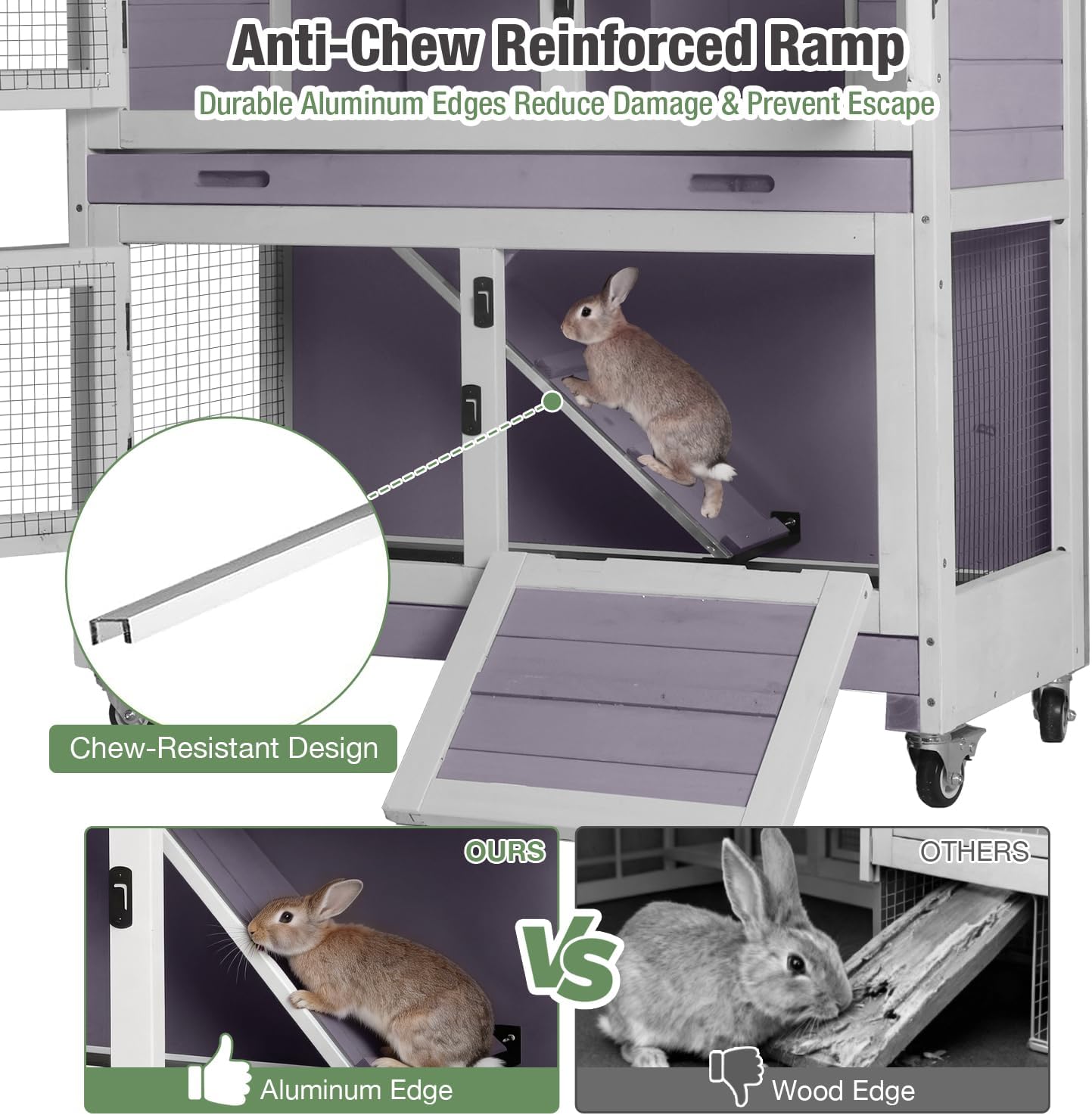 Rabbit Hutch Indoor Outdoor, Large Bunny Cage with Wheels, 2-Tier Wooden Rabbit Cage, Chew-Proof Ramp with Metal Edges, Dual Pull-Out Trays, Bunny House for Rabbits & Guinea Pigs-Grey