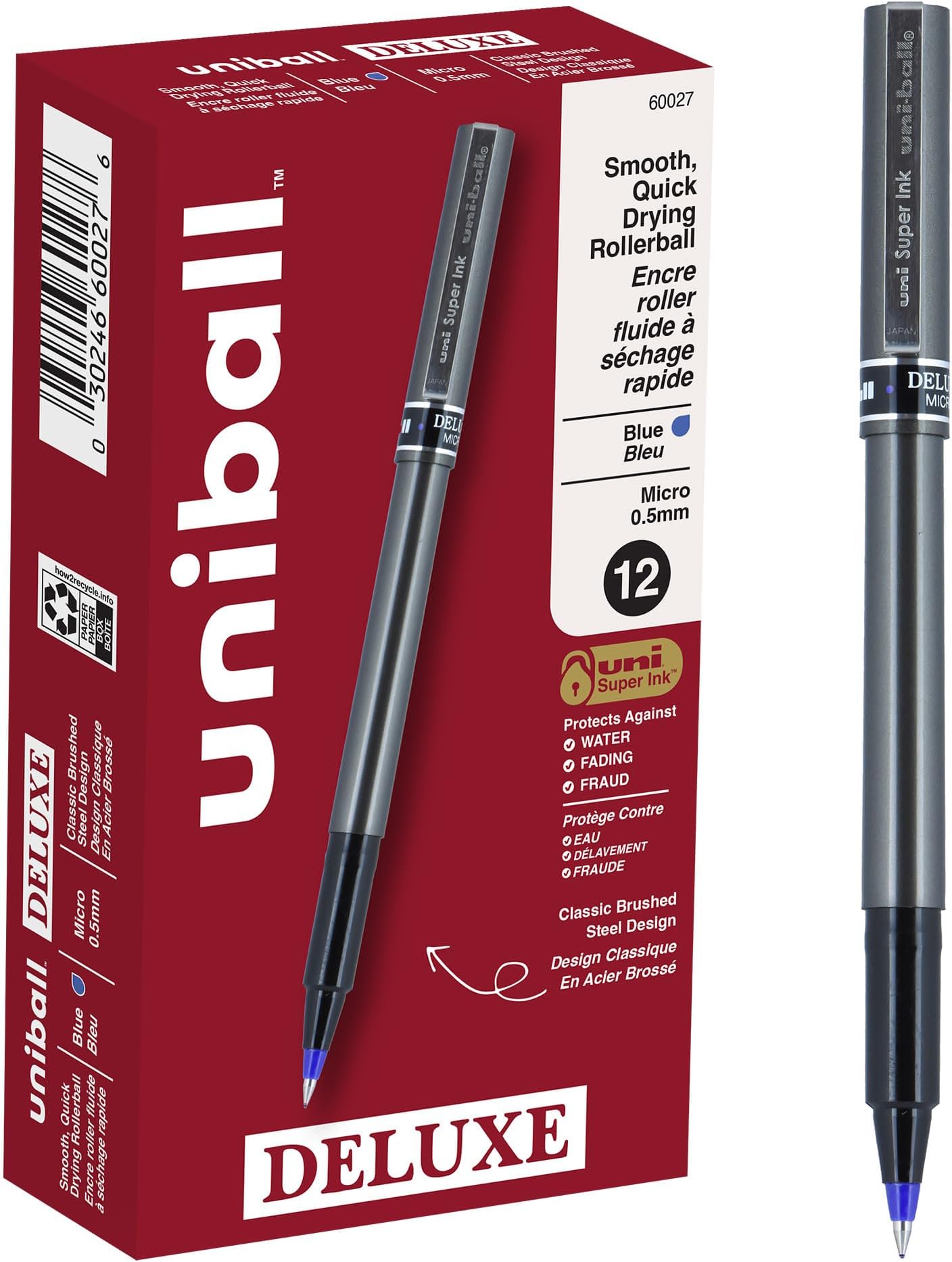 Deluxe Roller Ball Stick Waterproof Pen, Blue Ink, Micro, Dozen (Parallel Import)