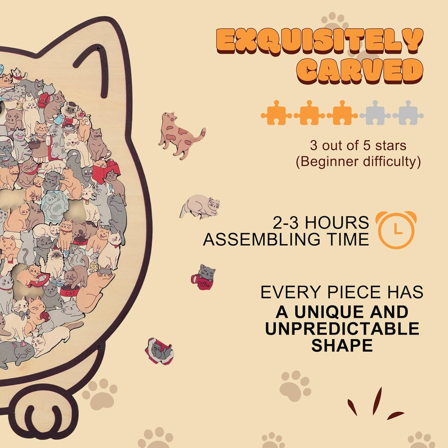 135-Piece Colored Cat Shaped Wooden Jigsaw Puzzle, Cats Shaped Wooden Puzzle, Unique Animal Shape Wood Puzzle, Creative Gifts for Cats Lovers, Home Decor,Valentine's Day Gift (#A)