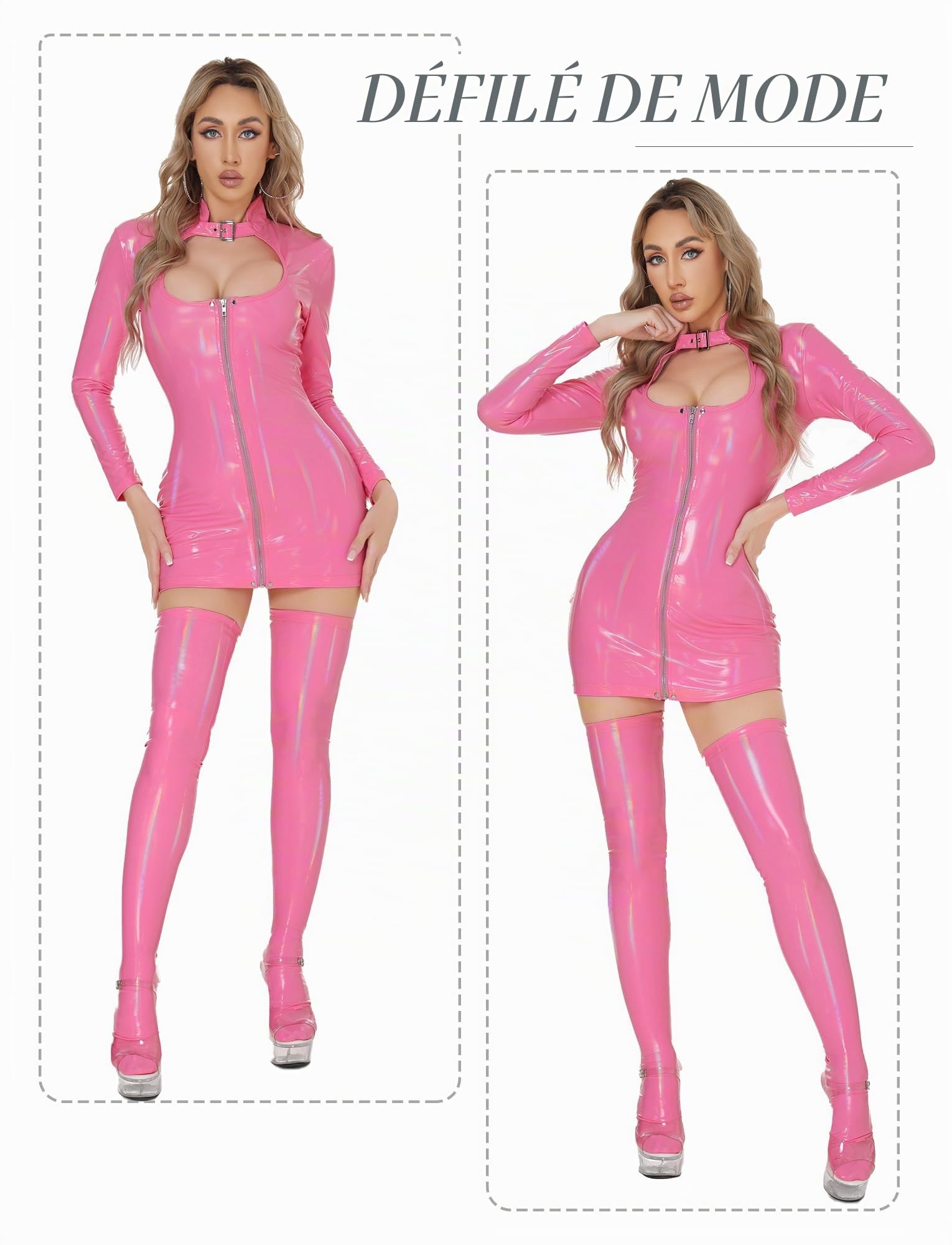Maeau - Robe Moulante en Cuir Verni pour Femmes Catsuit PU Brillant Bodysuit Fermetures Éclair Sexy Mini Robe Wet-Look pour Pole Dance Nightclub S-3XL