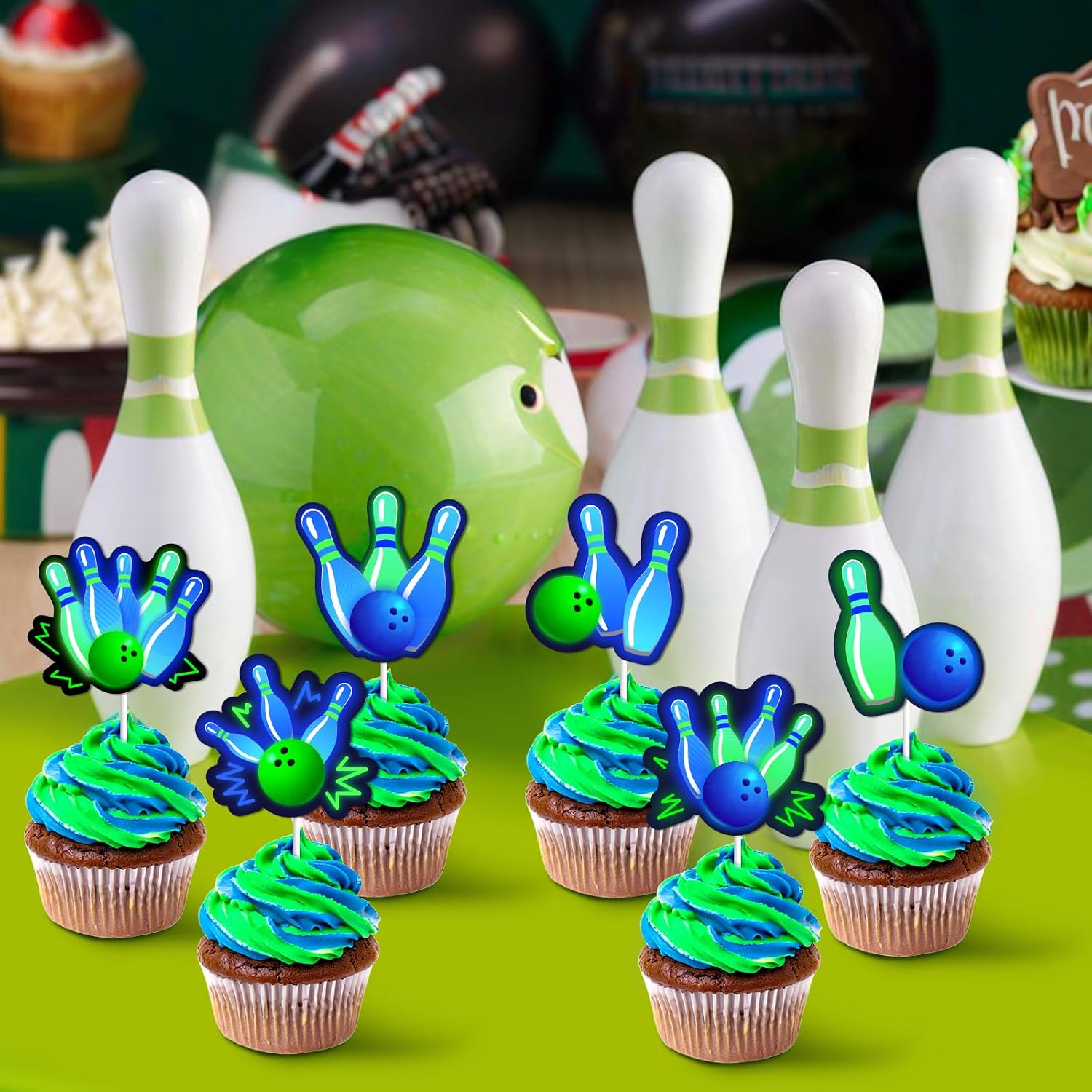 36 Pcs Bowling Party Cupcake Toppers - Bowling Birthday Decorations for Boys, Double Sided Paper Let's Strike Up Sports Cake Decor Party Supplies