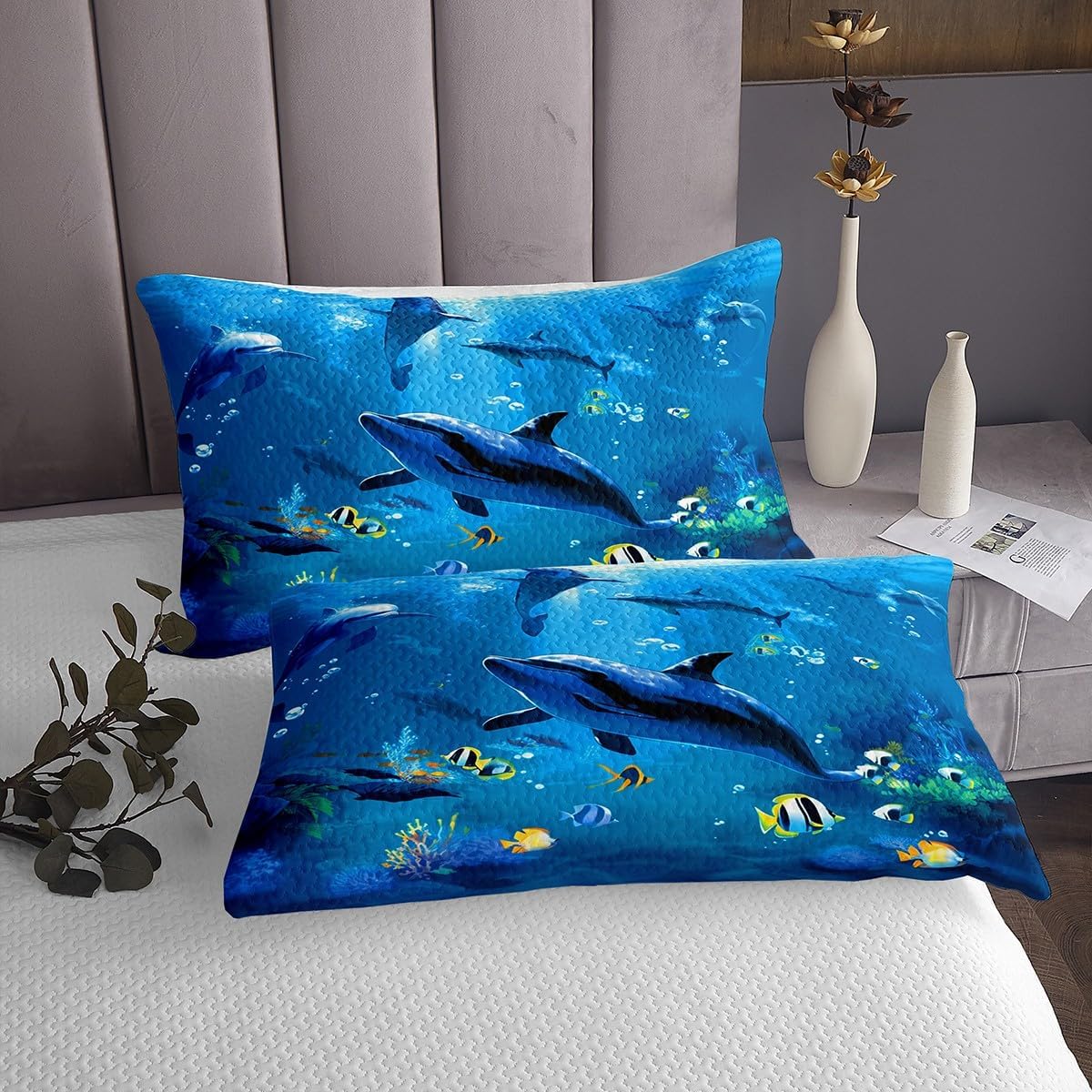 Feelyou Dolphin Coverlet Set Kids Blue Ocean Marine Themed Sea Creatures Bedspread Boys Girls Sea Animal Print Decor Quilted Coverlet Microfiber Summer Holiday Quilted Bedroom Queen Size