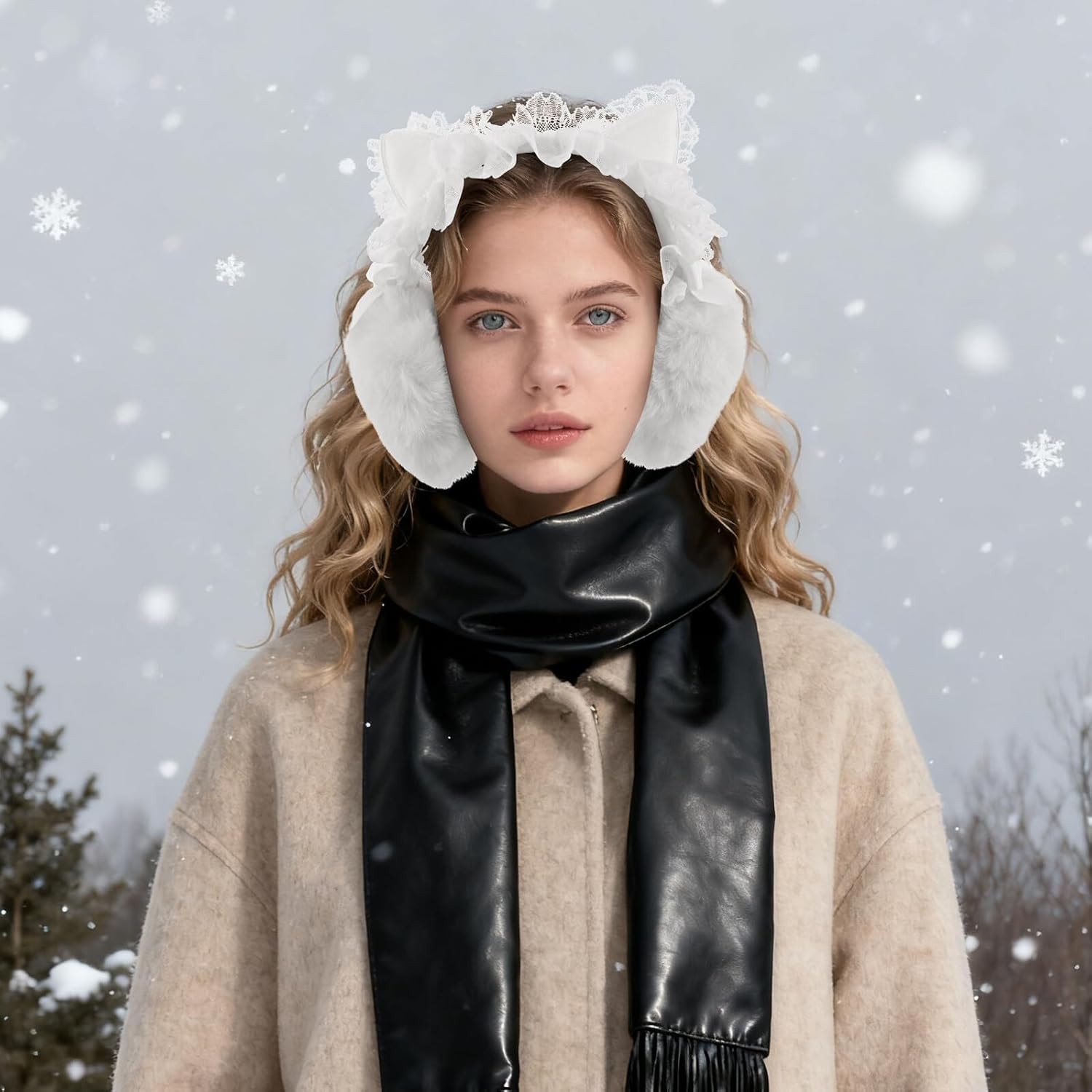 VILLCASE Fluffy Cat Ear Plush Earmuffs Winter Warm Ear Covers for Women Outdoor Cold Weather Soft Lace Warmers