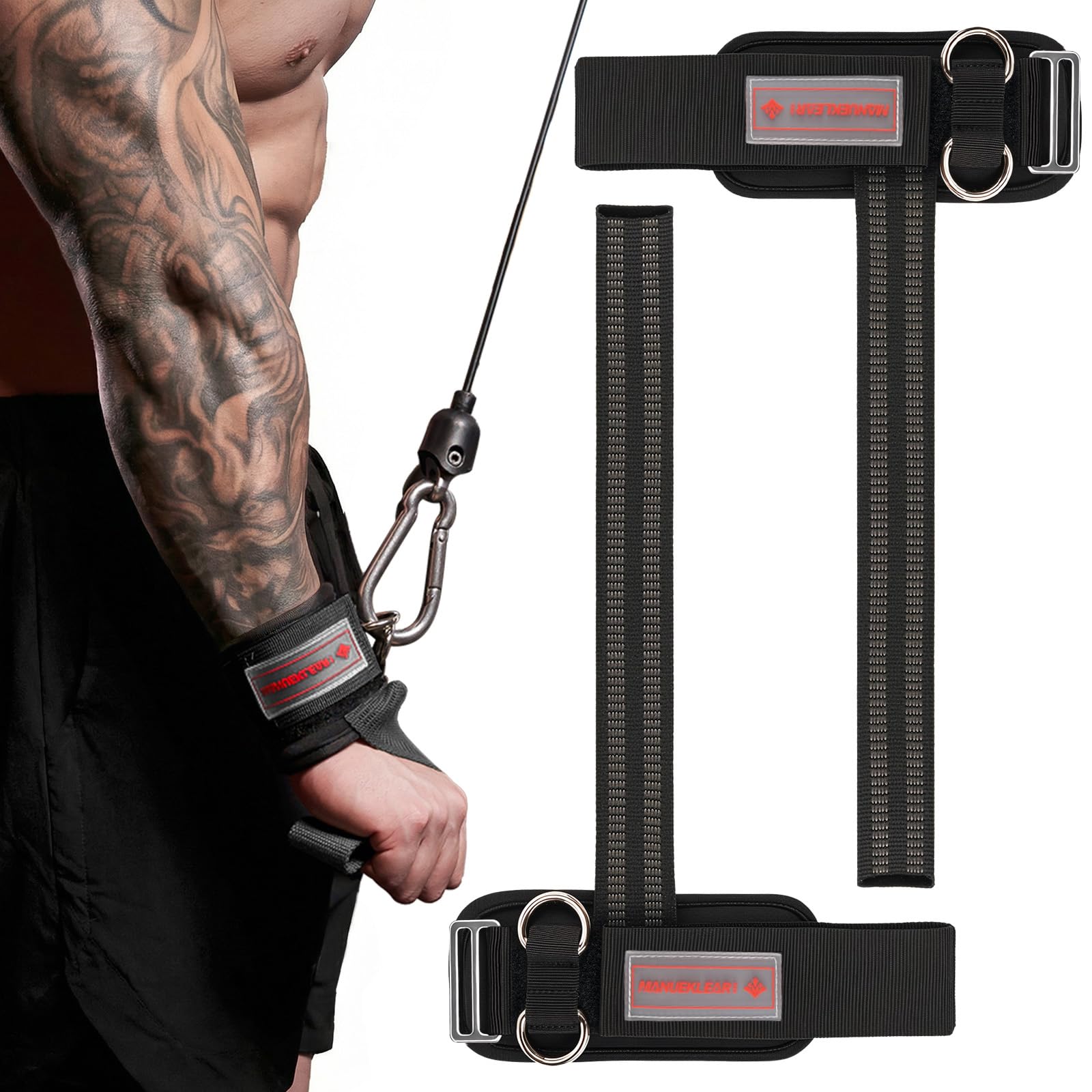 MANUEKLEAR Non-Slip Wrist Straps for Weightlifting Deadlifting, Gym Lifting Straps with D Rings for Cable Machine Workout (Black Red, M (6.3-7.5inch))