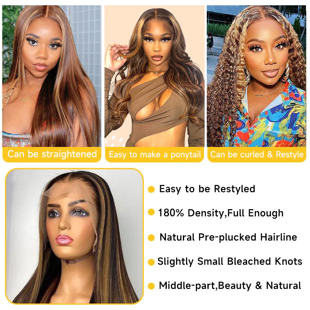 Highlight Ombre Blonde Lace Front Wig Human Hair Pre Plucked 13x4 Colored HD Lace Frontal Wigs with Baby Hair 180% Density Honey Blonde Straight Lace Front Wigs Human Hair for Black Women 20 Inch