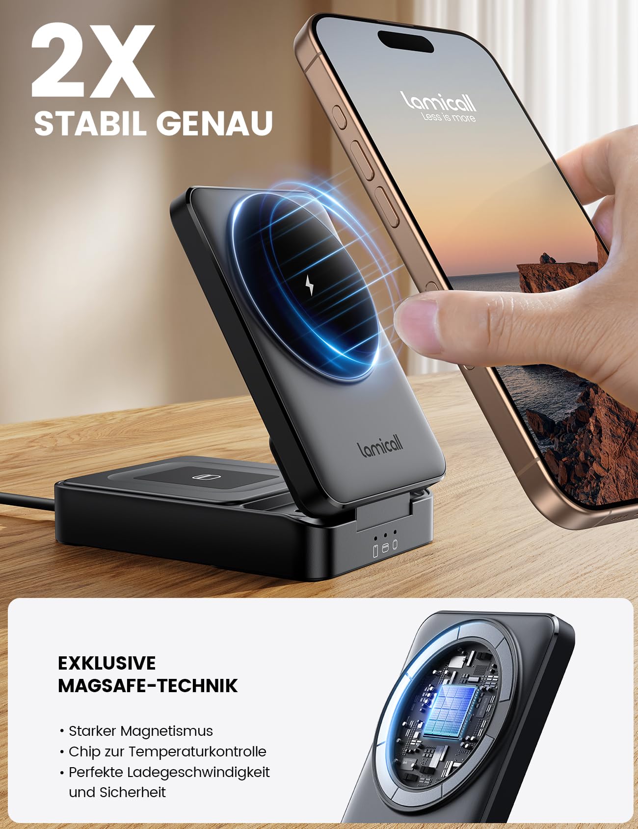 Lamicall 3 IN 1 Ladestation für MagSafe Ladegerät - [Faltbar & Tragbar] Kabellose induktive Ladestation Apple Watch und iPhone, Reisen Wireless Charger für iPhone 17/16/15/14 Pro Max Plus Air, AirPods