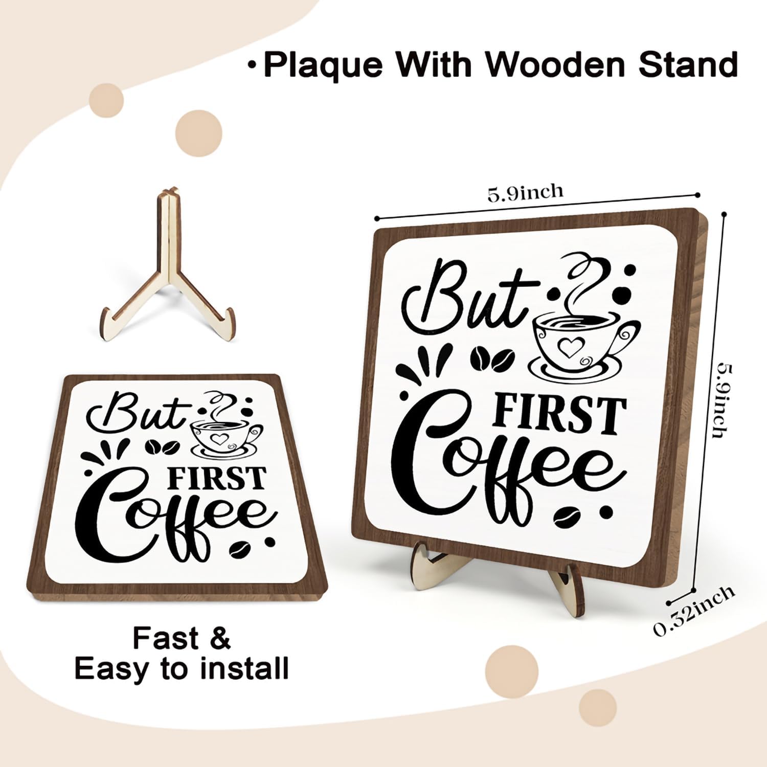 Coffee Bar Sign Plaque, Coffee Bar Accessories,Rustic Farmhouse Cafe Sign for Kitchen Office,Wooden Tabletop Plaque with Stand,Cute Mini Café Bar Decor Gift 5.9x5.9inch image 2