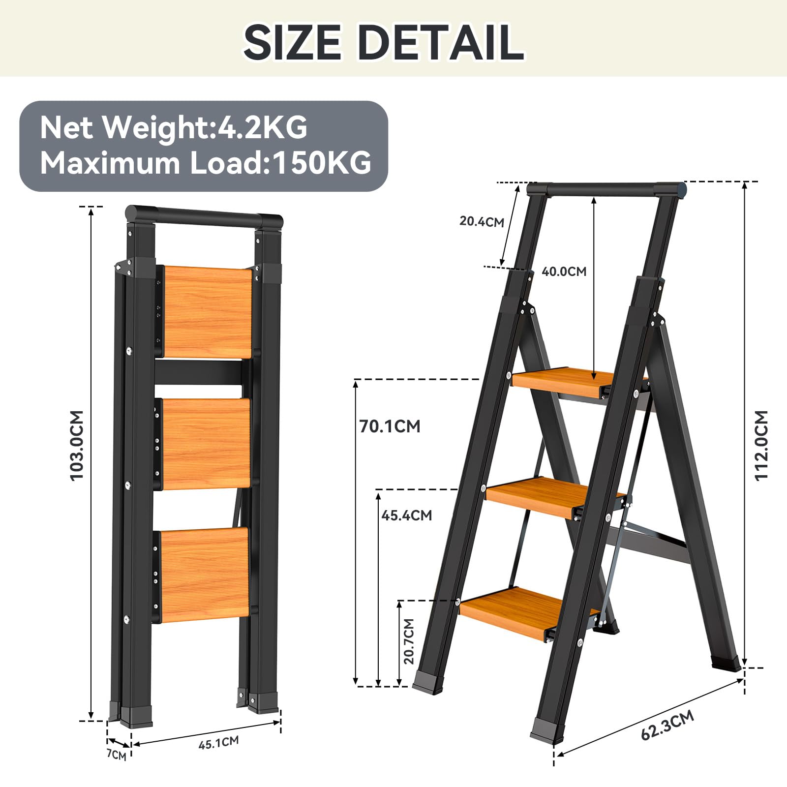 KULACO Scala a gradini pieghevole 3 gradini con corrimano estensibile, scala in alluminio antiscivolo & extra larga, leggera fino a 150 kg, scala domestica compatta per cucina, casa, garage