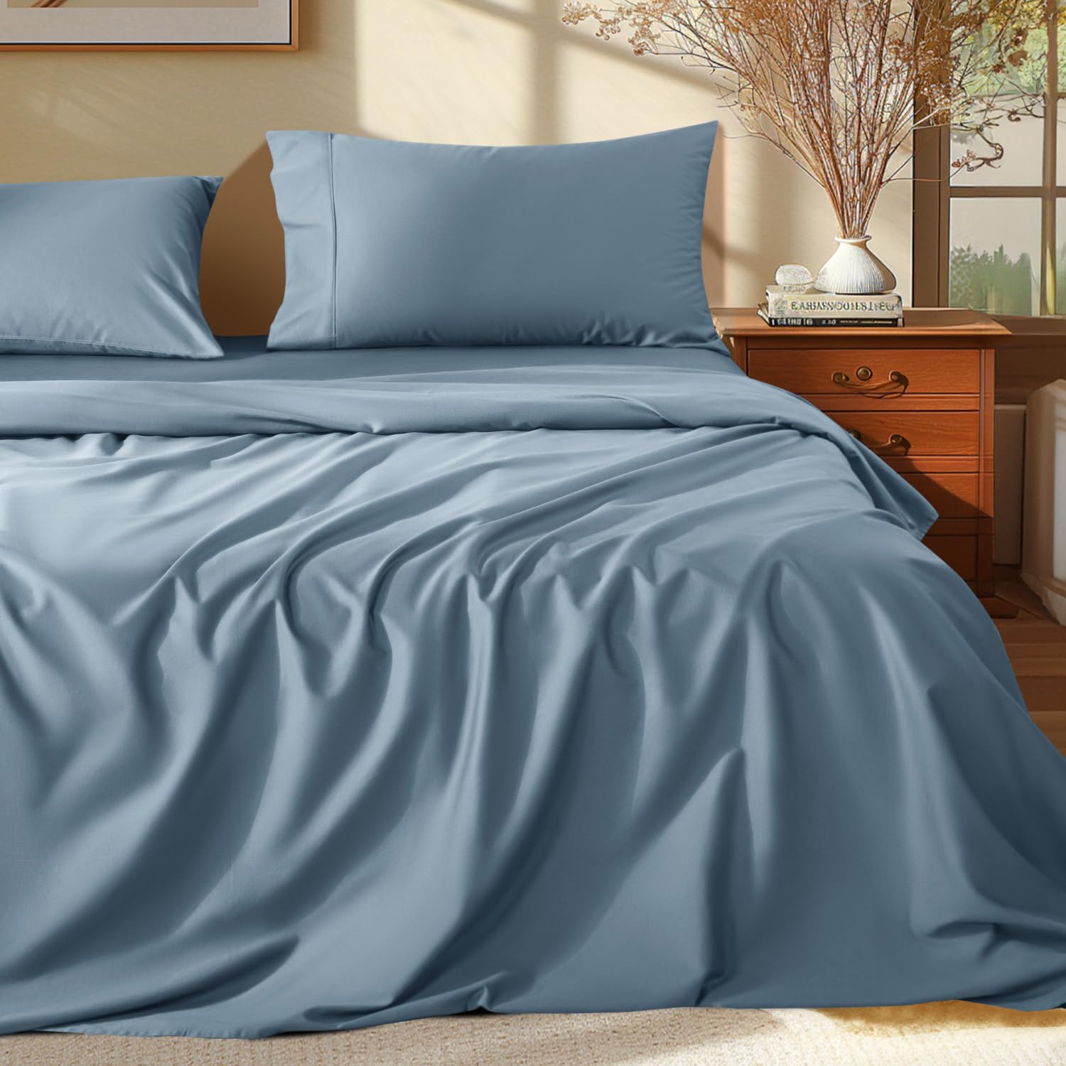 Shilucheng 100% Cotton Sheets, 4 Pieces Sheet Set, Breathable Cooling Bed Sheets with Deep Pocket Up to 16", Bedding Sheets & Pillowcases (King,White) — view 11