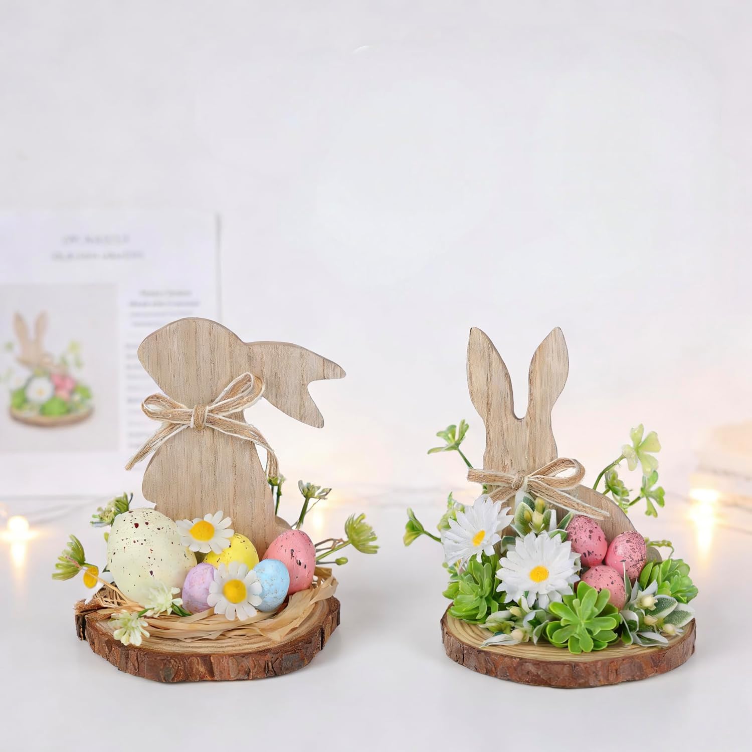 2 Pcs Easter Bunny Decor Wooden, Rustic Easter Decoration with Artificial Flowers and Eggs, Farmhouse Rabbit Shaped Table Centerpiece for Home Indoor Desk