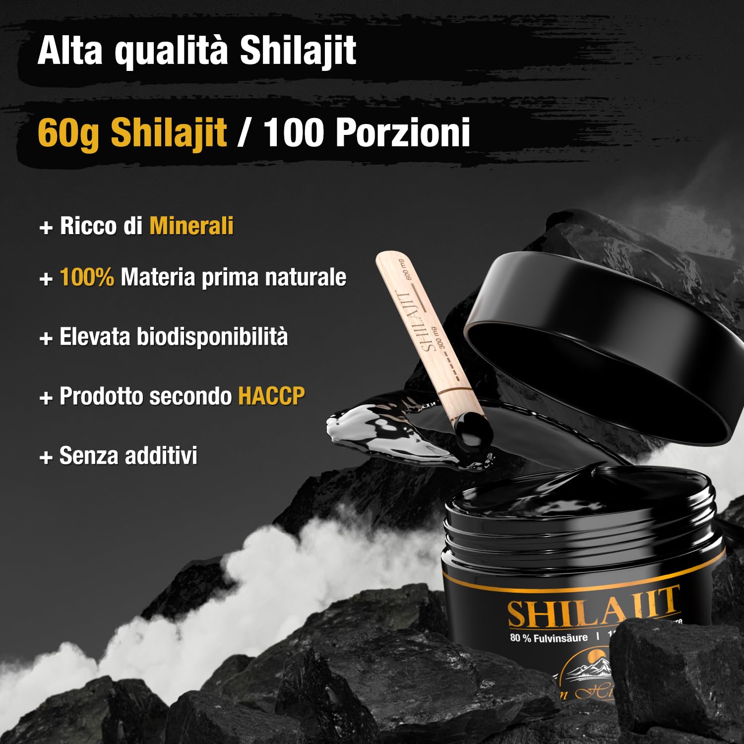 Shilajit Resina Gold Standard 60 g 85+ minerali, massima potenza dall'Himalaya oltre 3 mesi, 100% puro e originale vegano e senza additivi