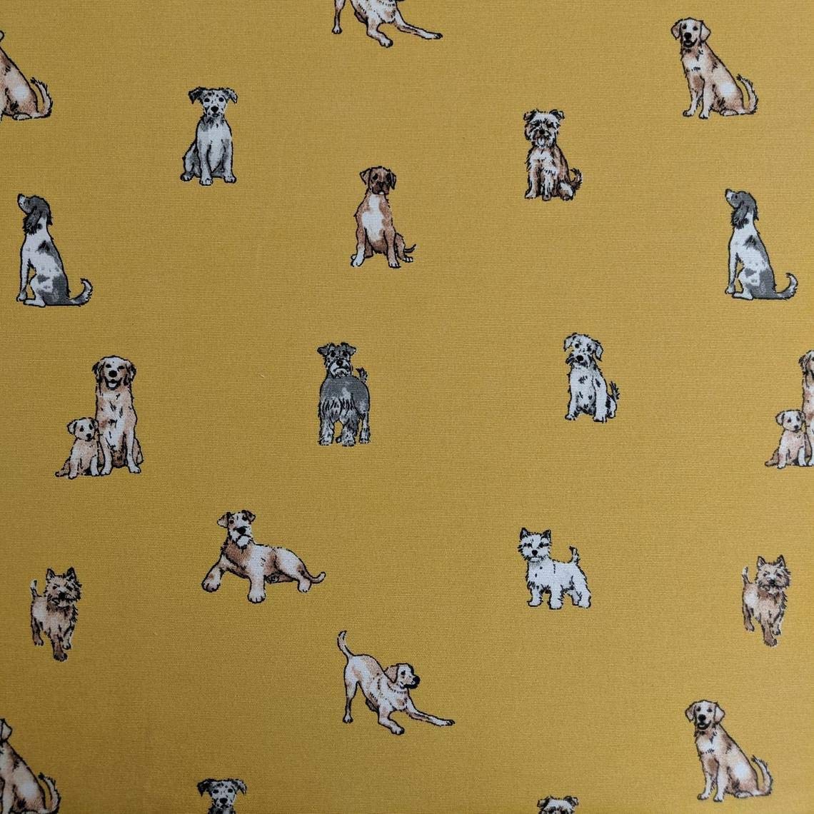Thimbles Fabrics Yellow |– Shabby Dogs Pop Art Cotton Linen Fabric Dogs/Puppies Printed Upholstery Cushions Curtains Bag Making Dressmaking Crafts Art 140Cm - Sold By The Half Meter