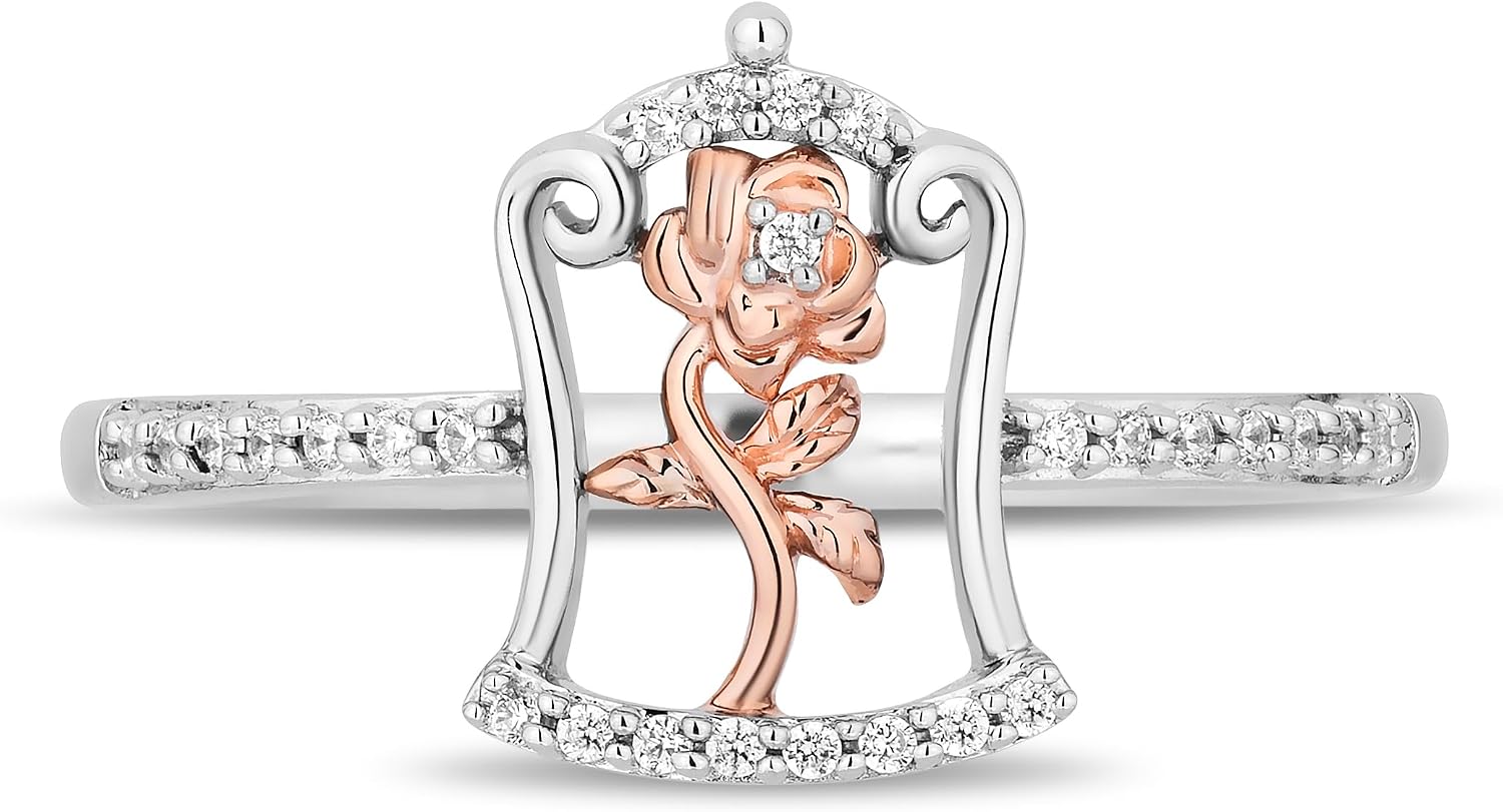 Jewelili Enchanted Disney Fine Jewelry 14K Rose Gold over Sterling Silver with 1/10 CTTW Diamonds Belle Ring
