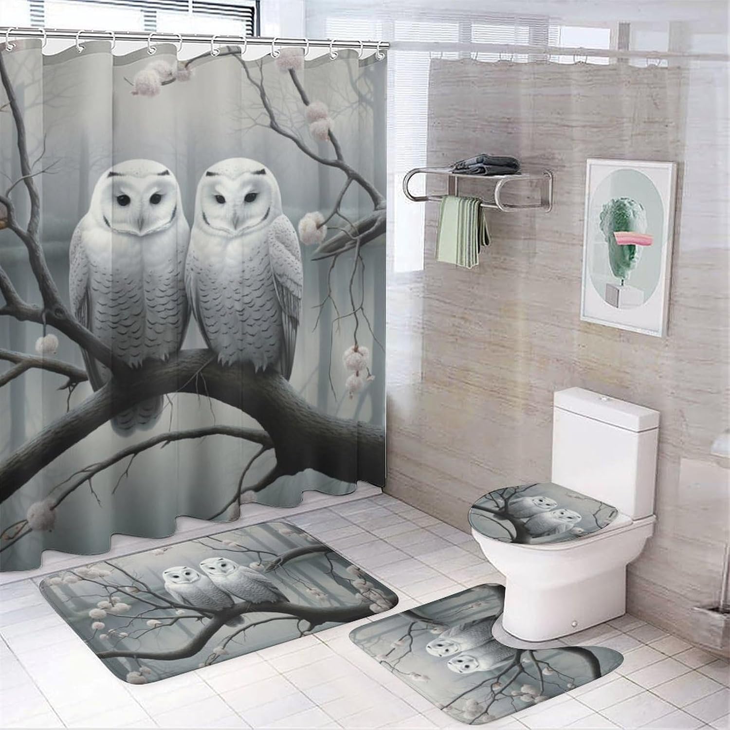 SOPIYRIO 4 Pieces Retro White Owls Bathroom Shower Curtain