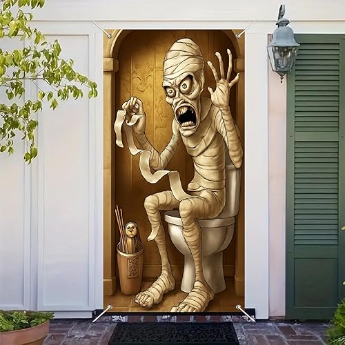 Miniatura 7 de Cubierta de puerta de bienvenida de Halloween de 71 x 35 pulgadas, decoración para interiores y exteriores, decoración de otoño, baño, tema de momia