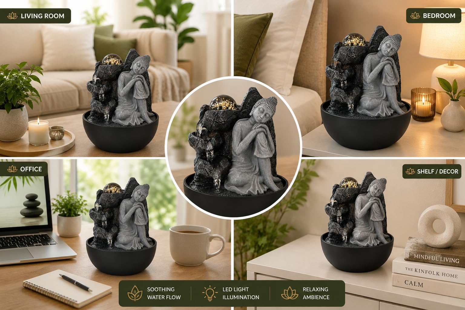 Contemplation - Fuente de agua interior con luz LED | Tamaño 13,3 x 13,3 x 18 cm | USB |