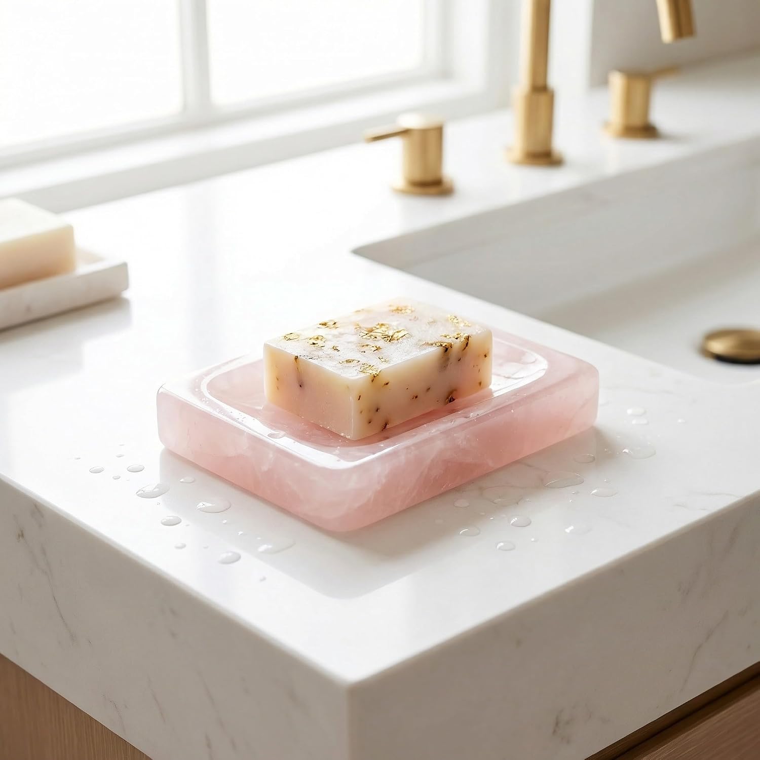 Small Rose Quartz Soap Dish & Ring Holder - 4.3" Natural Pink Crystal Jewelry Tray - Mini Stone Decorative Dish for Bathroom Vanity & Nightstand