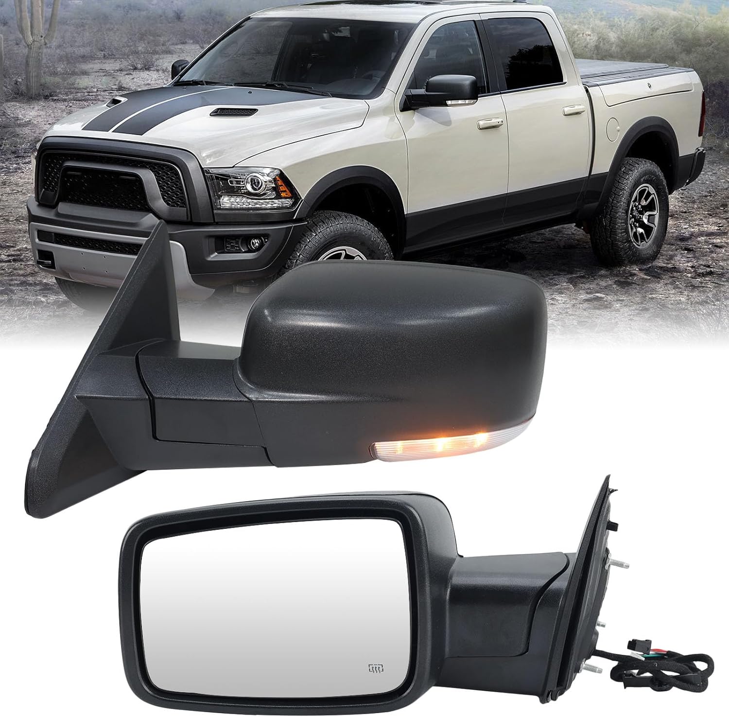 Photo 1 of Driver Side Mirror Compatible with 2009-2018 Dodge Ram 1500 2010-2018 Dodge Ram 2500 3500 4500 Mirror with Manual Fold Heated Temper Sensor Turn Signal Light Puddle Light Black?10 Pins?