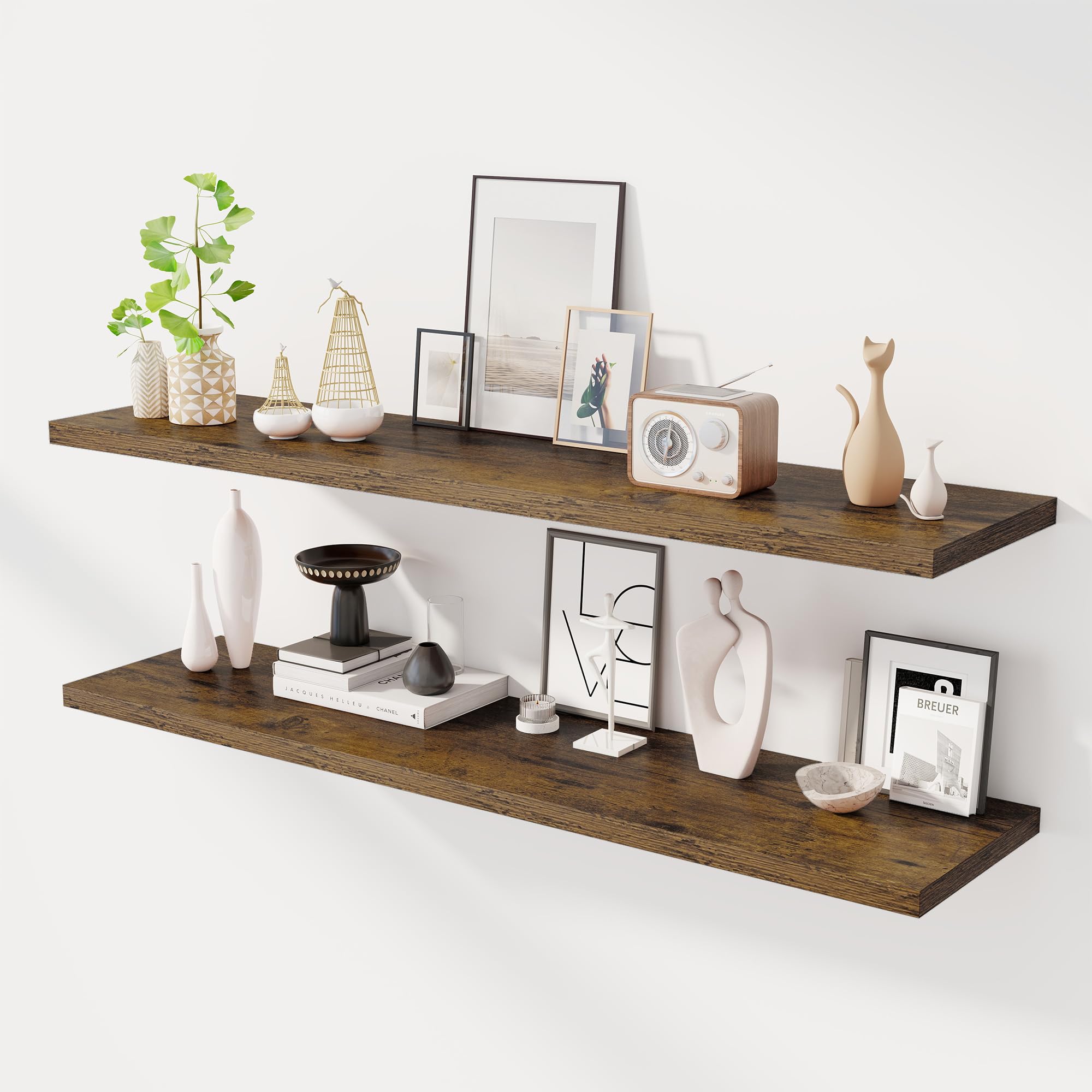 Dreamland 55" Floating Shelves for Wall, 12" Deep Slim Rustic Brown Floating Shelves, Wall-Mounted Shelves for Bedroom, Living Room, Kitchen, Bathroom - Set of 2