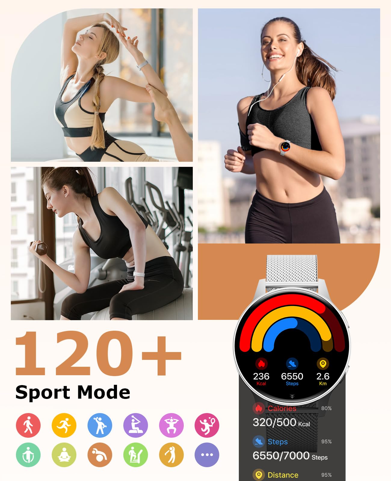 SLOKSFil Smartwatch Damen, 1,27" HD Touch Display Rund, Schrittzähler mit Telefonfunktion, 24H Pulsuhr Schlafmonitor, 100+ Sportmodi Fitness Tracker für Android & iPhone (Silber)