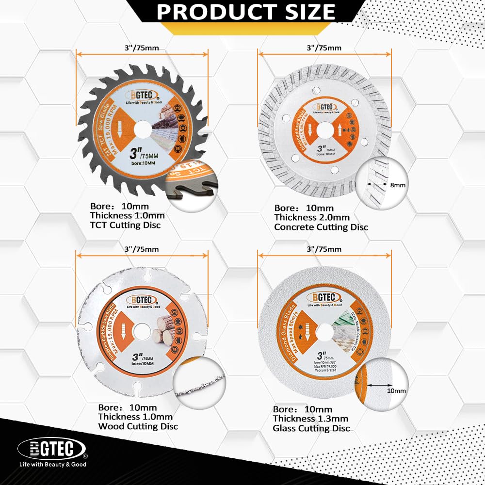 BGTEC Circular Saw Blade - 4PCS 3" Cutting Disc Arbor 3/8" for Wood Plastic Concrete Glass