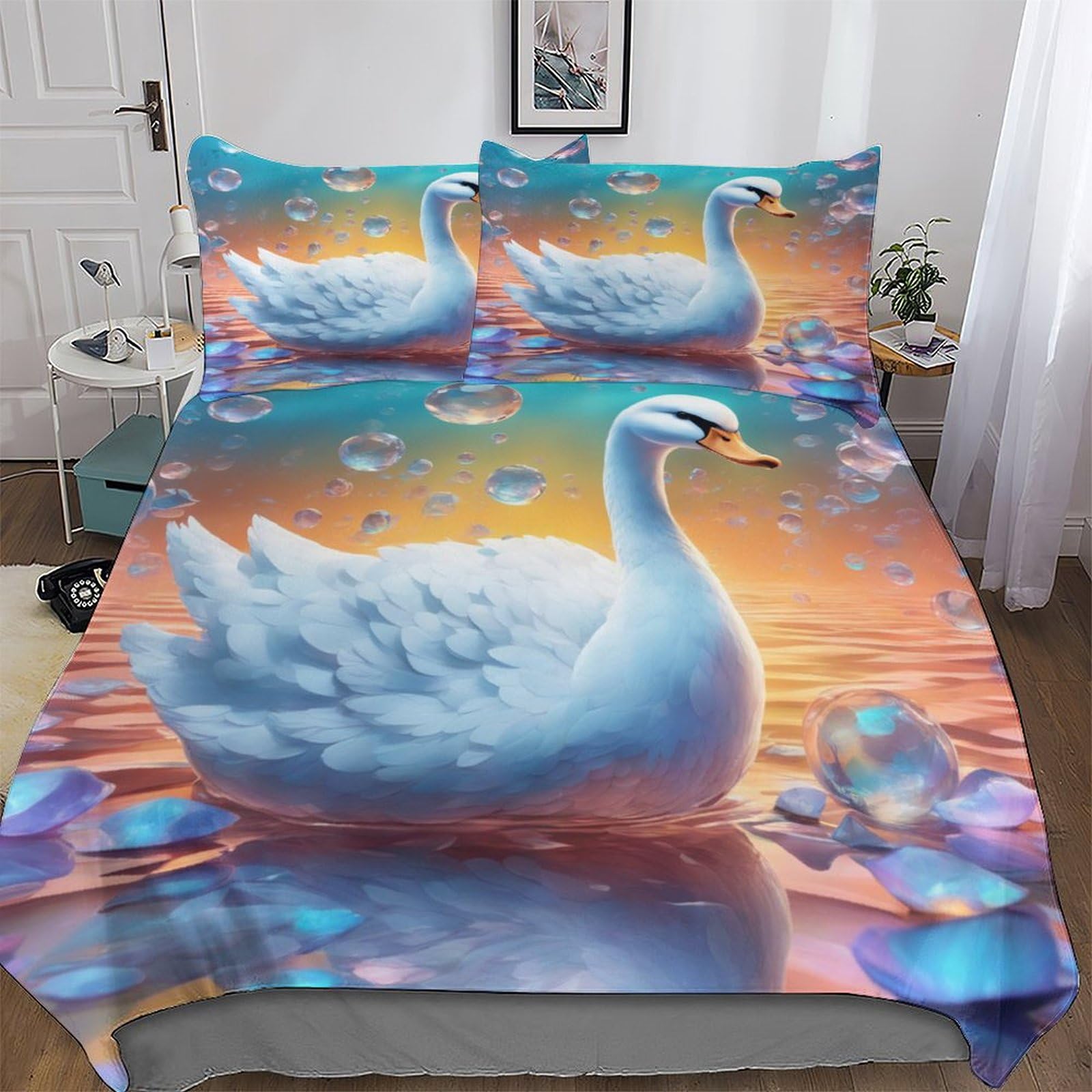 Swan Duvet Cover 3D Print Bedding Comforter Cover for Teens Boys And Girls Soft Brushed Microfiber Poly Cotton Quilt Cover 3-Piece with Pillowcase King (220x240cm) — image 1