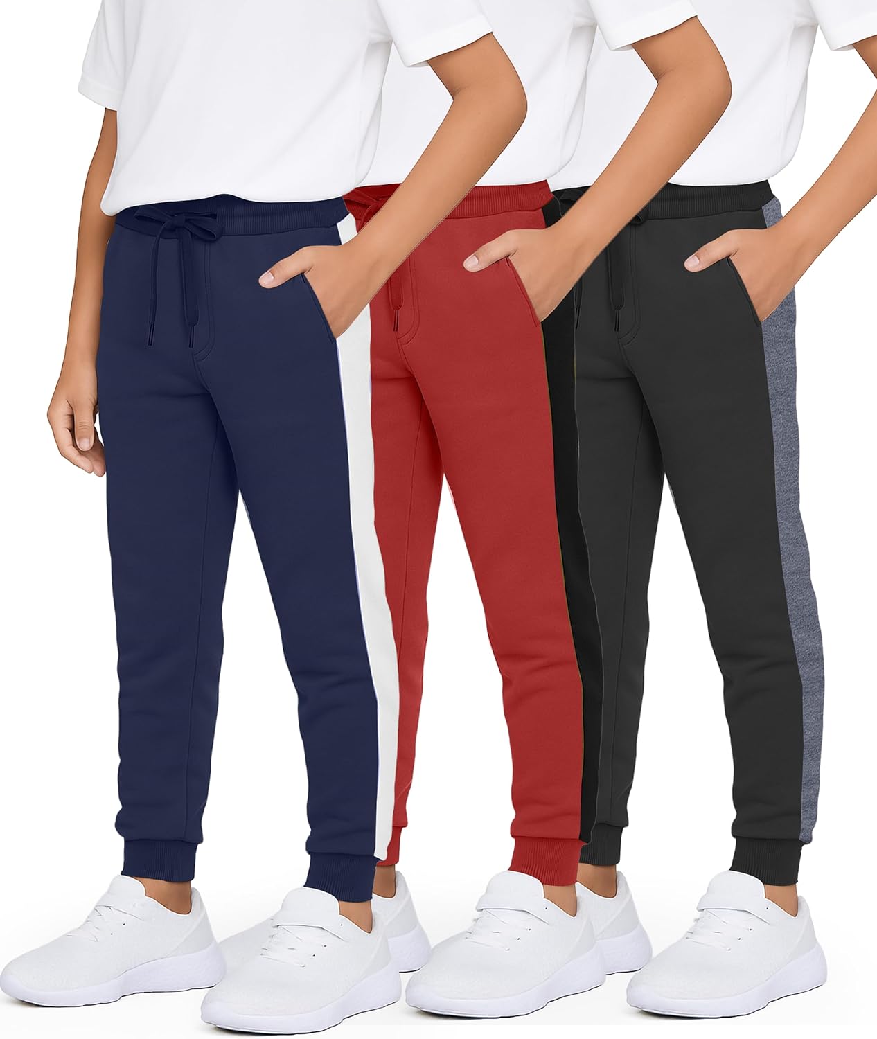 Boys' cotton fleece jogger sweatpants, 3-pack with pockets