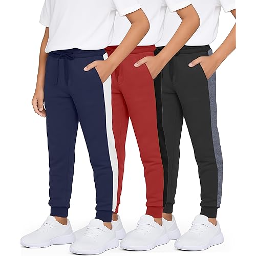 Real Essentials 3 Pack: Boys' Cotton Fleece Jogger Sweatpants - Active Athletic Youth Pants for Teens with Pockets