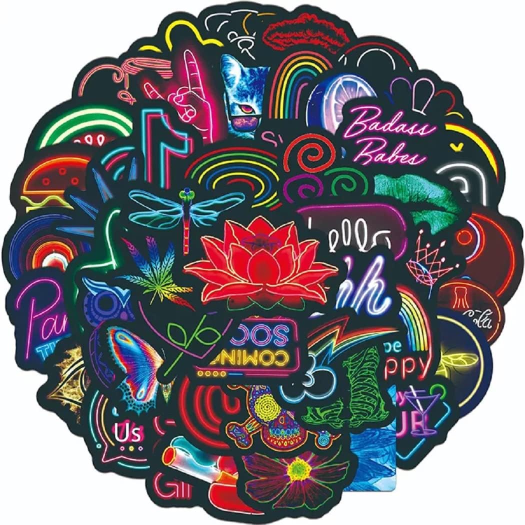 Anabiya50pcs Waterproof Beautiful Neon Stickers for Laptop Guitar Trolley Bag Waterproof Decal Water Bottles Hydro Flask Car Laptop Kids Boys Girls Toy Skateboard Motorcycle Bicycle Decal Design 1